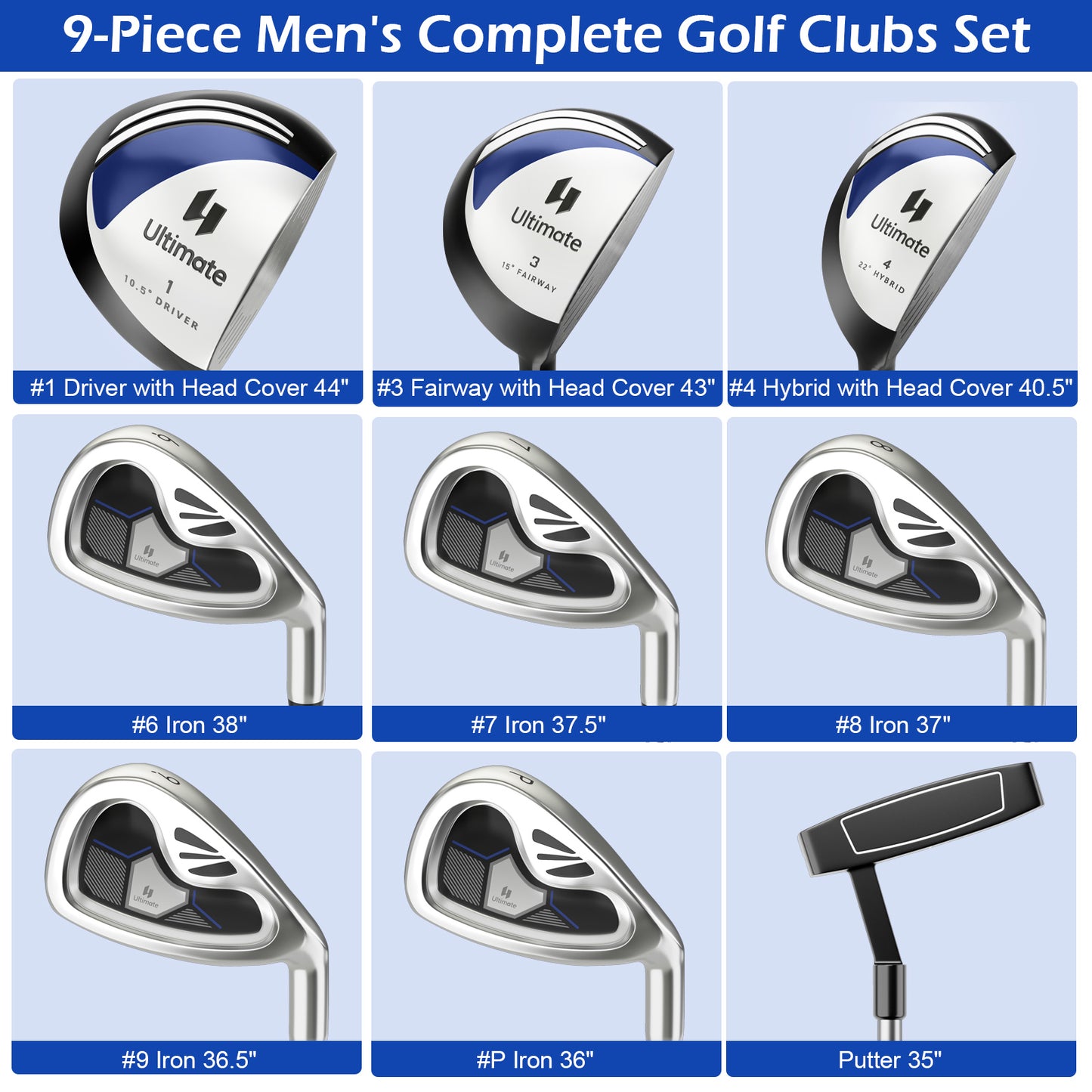 Men's 9 Pieces Complete Golf Club Set-Navy Kids Crystal