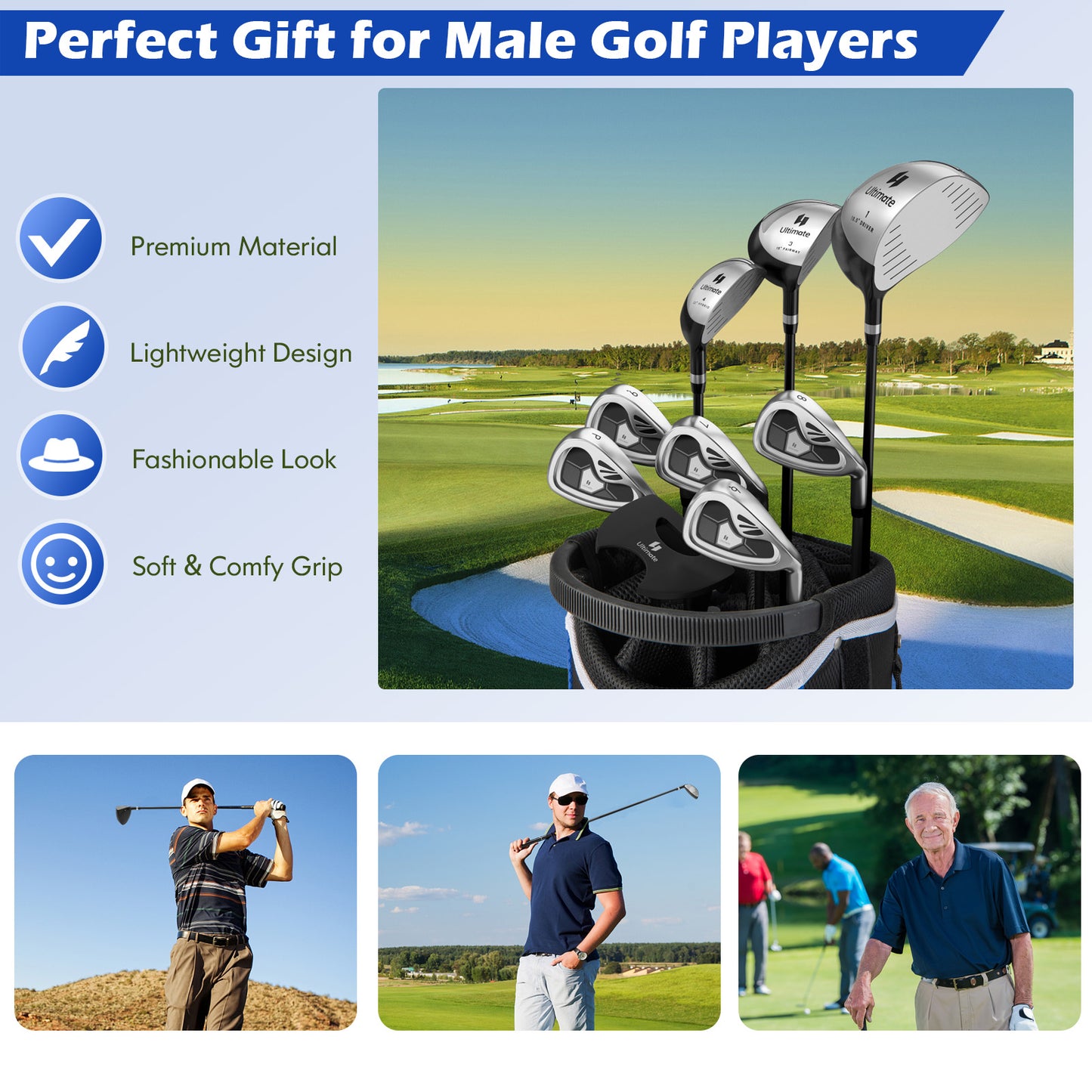 Men's 9 Pieces Complete Golf Club Set-Gray Kids Crystal
