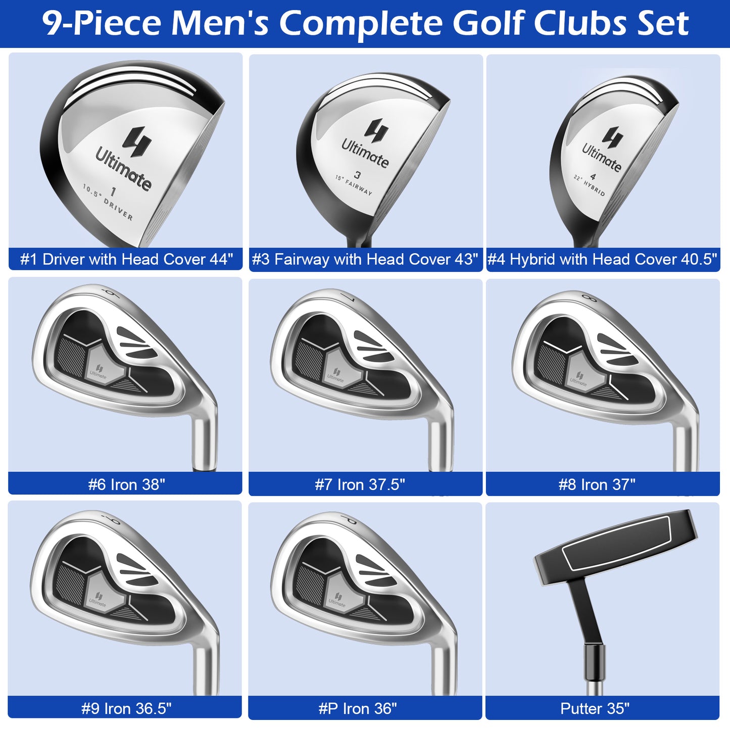 Men's 9 Pieces Complete Golf Club Set-Gray Kids Crystal