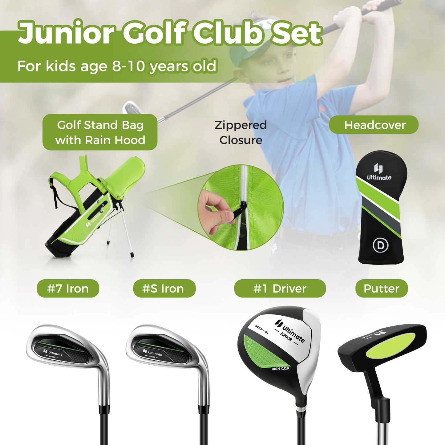 Junior Complete Golf Club Set for Kids with Rain Hood Right Hand Children Golf Age 8-10 Years Old-Green Kids Crystal