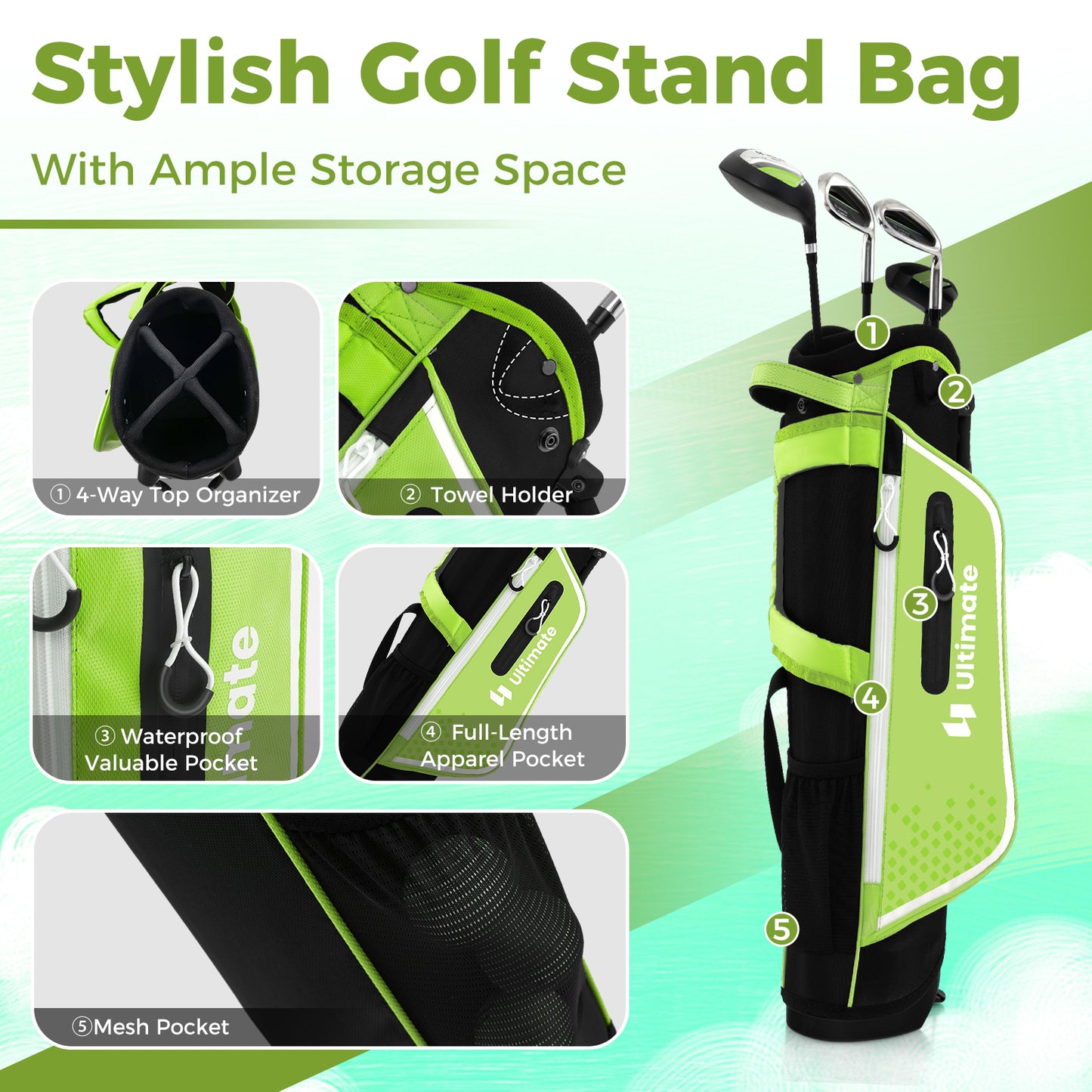 Junior Complete Golf Club Set for Kids with Rain Hood Right Hand Children Golf Age 8-10 Years Old-Green Kids Crystal
