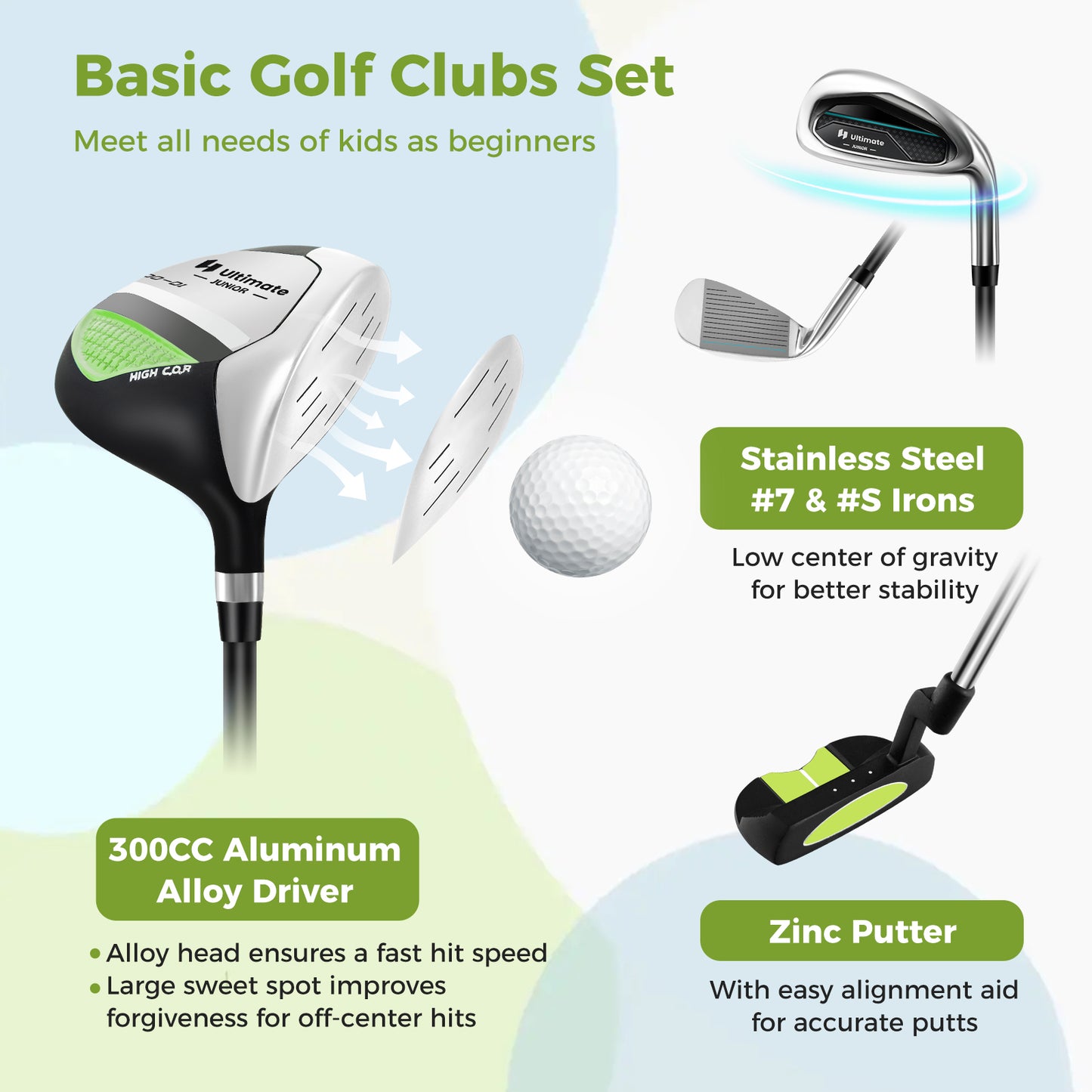 Junior Complete Golf Club Set for Kids with Rain Hood Right Hand Children Golf Age 8-10 Years Old-Green Kids Crystal