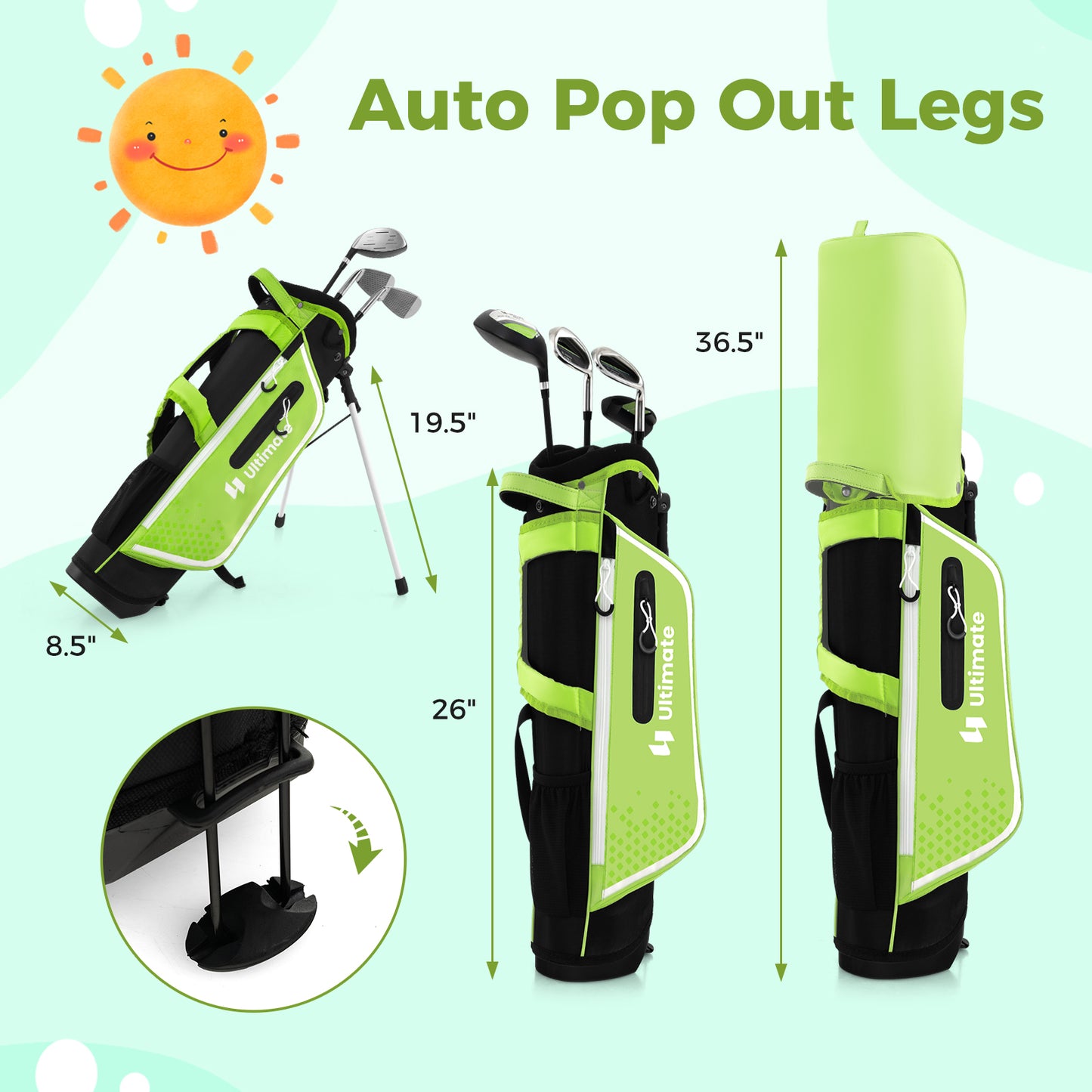 Junior Complete Golf Club Set for Kids with Rain Hood Right Hand Children Golf Age 8-10 Years Old-Green Kids Crystal