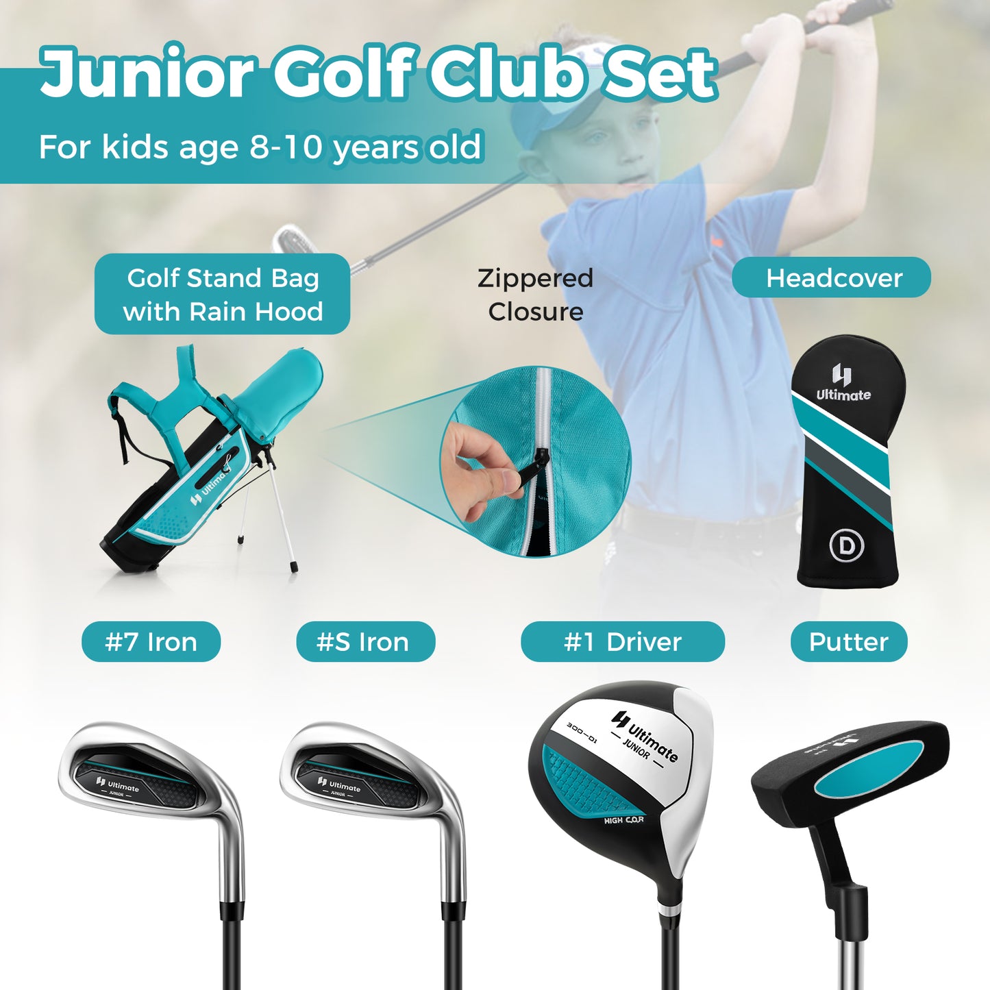 Junior Complete Golf Club Set for Kids with Rain Hood Right Hand Children Golf Age 8-10 Years Old-Blue Kids Crystal