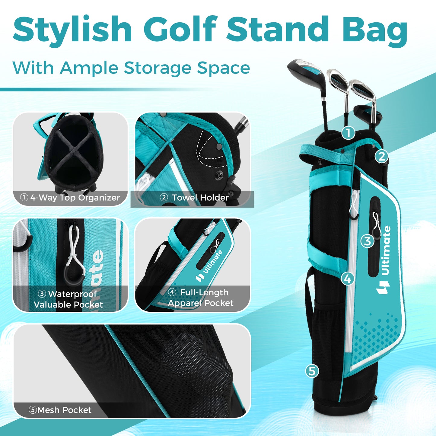 Junior Complete Golf Club Set for Kids with Rain Hood Right Hand Children Golf Age 8-10 Years Old-Blue Kids Crystal