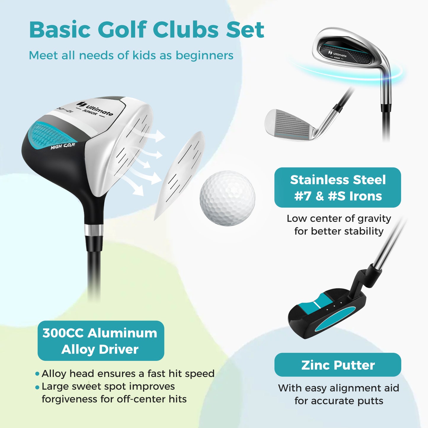Junior Complete Golf Club Set for Kids with Rain Hood Right Hand Children Golf Age 8-10 Years Old-Blue Kids Crystal