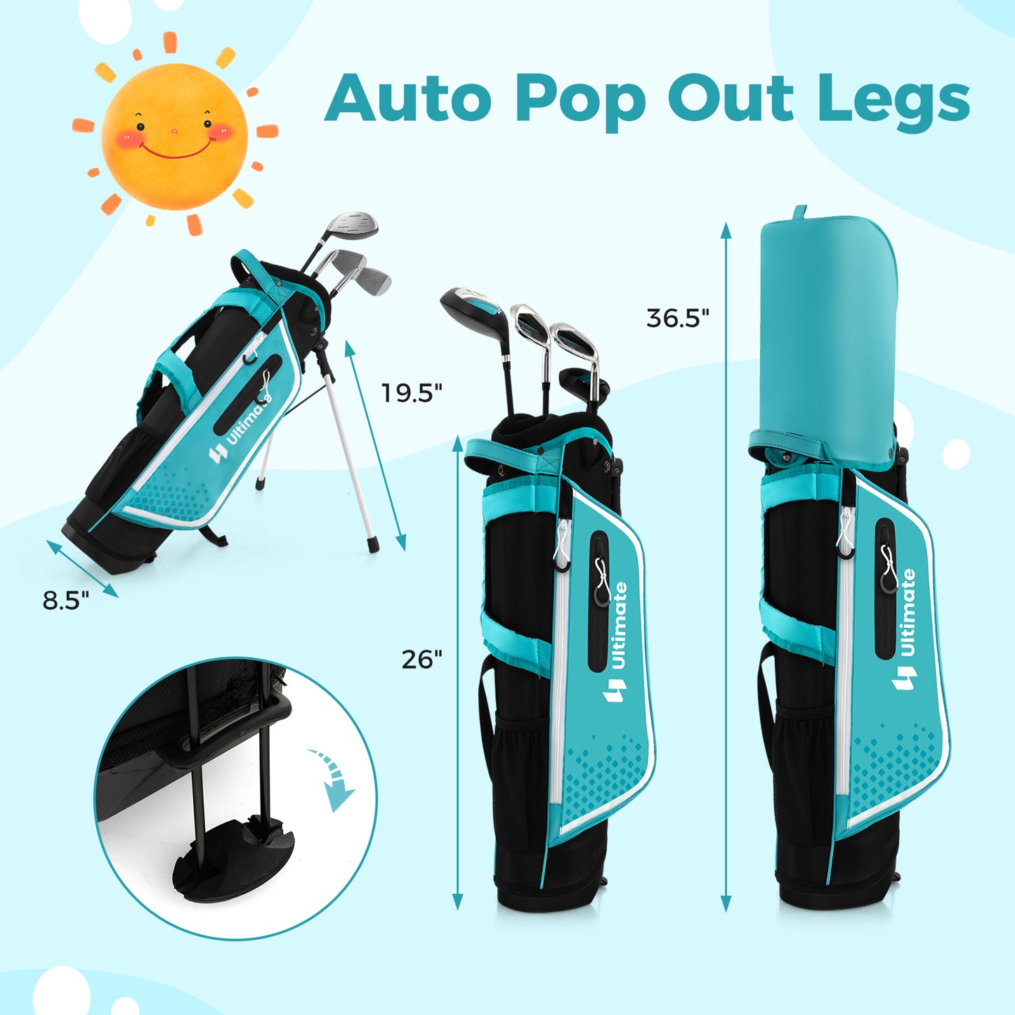 Junior Complete Golf Club Set for Kids with Rain Hood Right Hand Children Golf Age 8-10 Years Old-Blue Kids Crystal