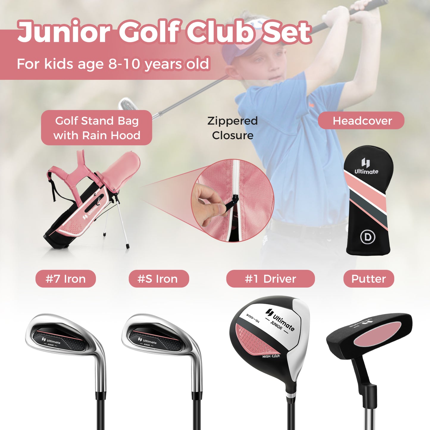 Junior Complete Golf Club Set for Kids with Rain Hood Right Hand Children Golf Age 8-10 Years Old-Pink Kids Crystal
