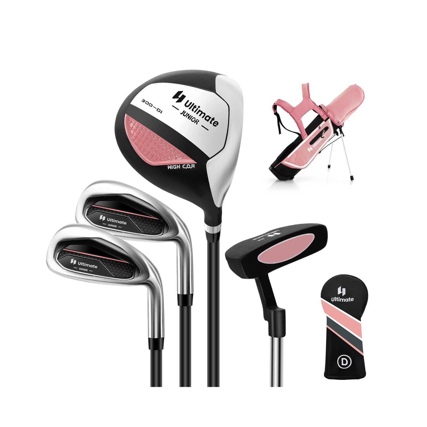 Junior Complete Golf Club Set for Kids with Rain Hood Right Hand Children Golf Age 8-10 Years Old-Pink Kids Crystal