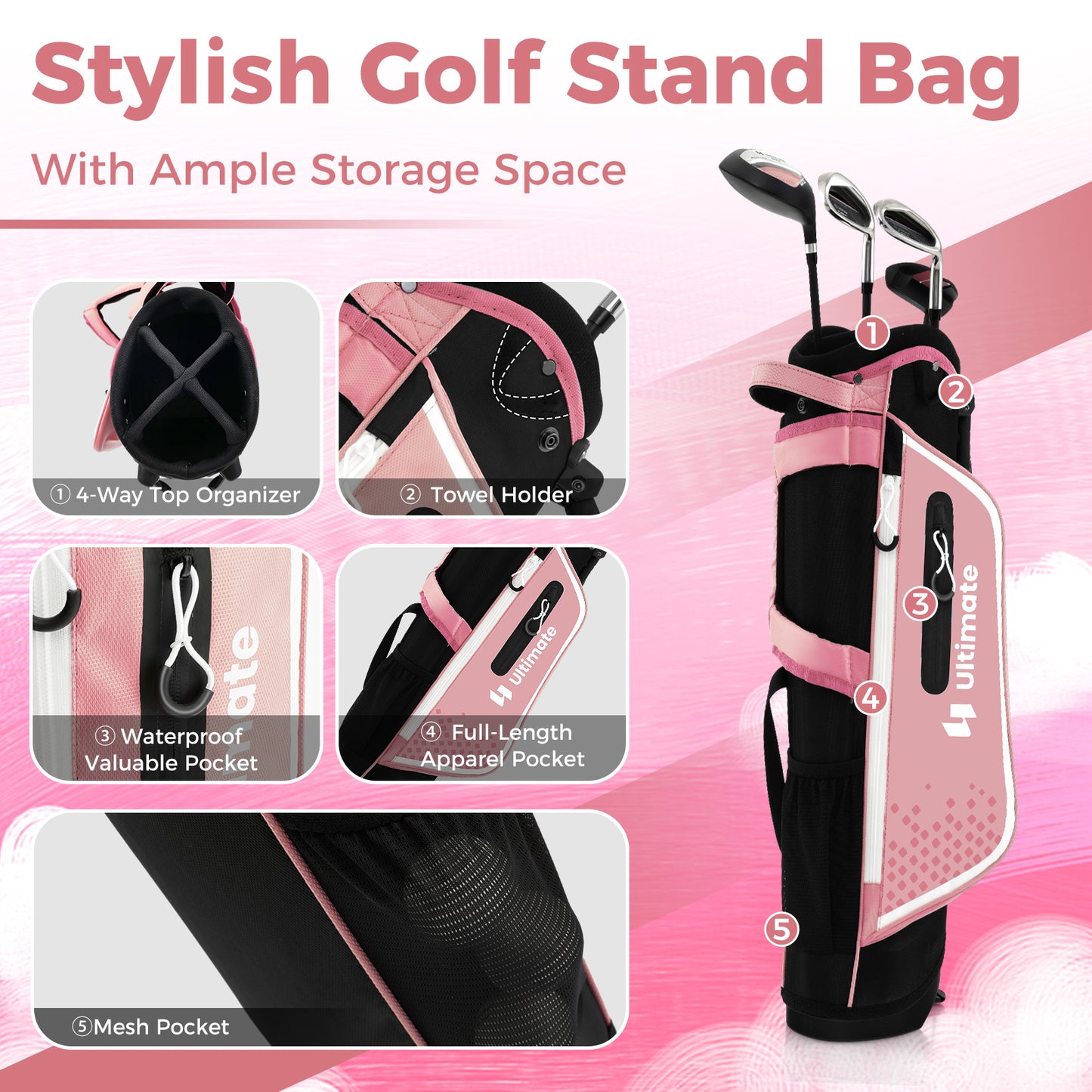 Junior Complete Golf Club Set for Kids with Rain Hood Right Hand Children Golf Age 8-10 Years Old-Pink Kids Crystal