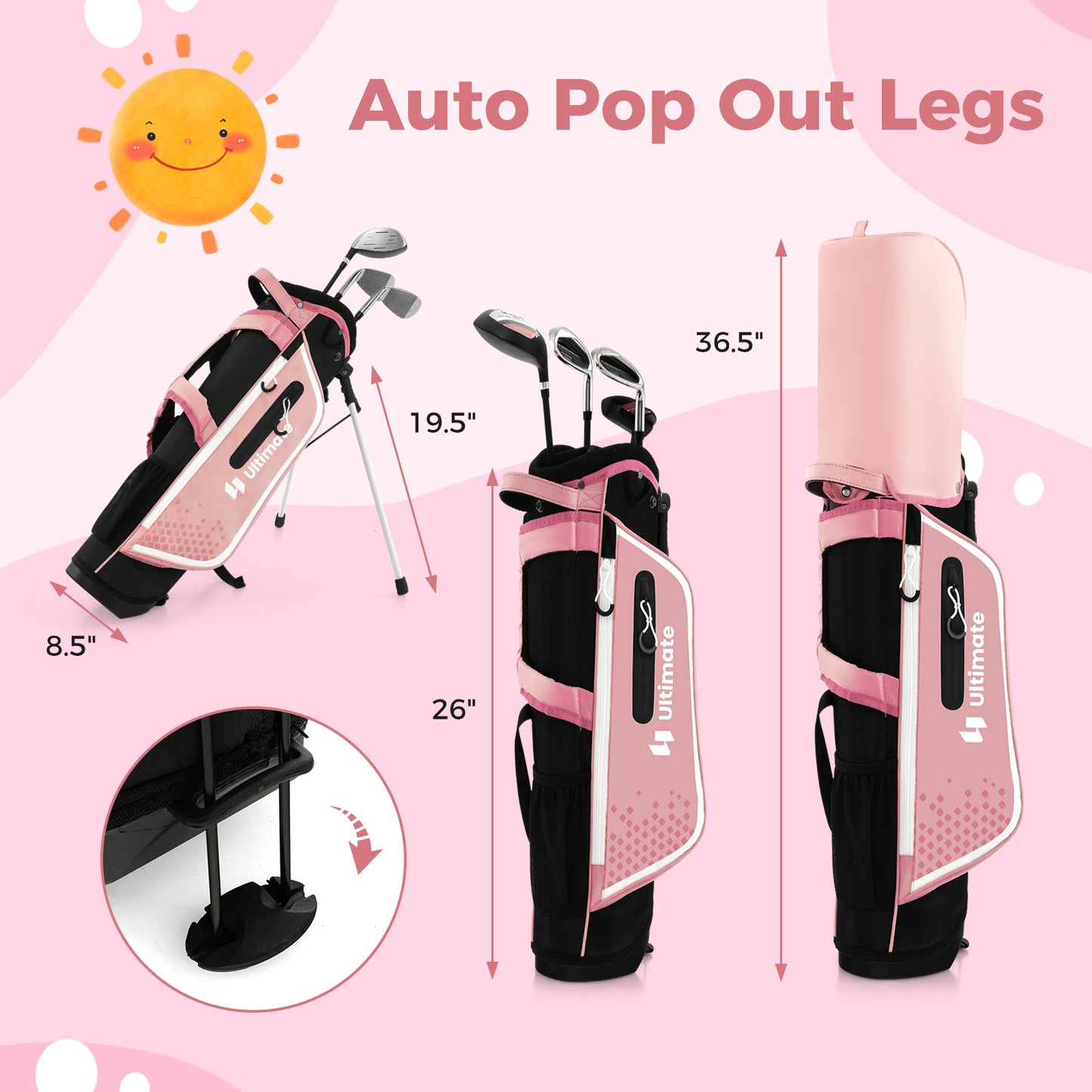 Junior Complete Golf Club Set for Kids with Rain Hood Right Hand Children Golf Age 8-10 Years Old-Pink Kids Crystal