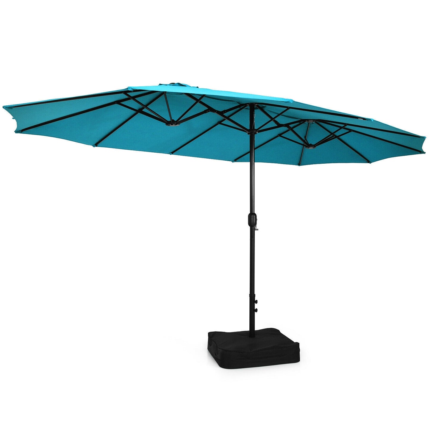 15 Feet Double-Sided Twin Patio Umbrella with Crank and Base Coffee in Outdoor Market-Turquoise Kids Crystal