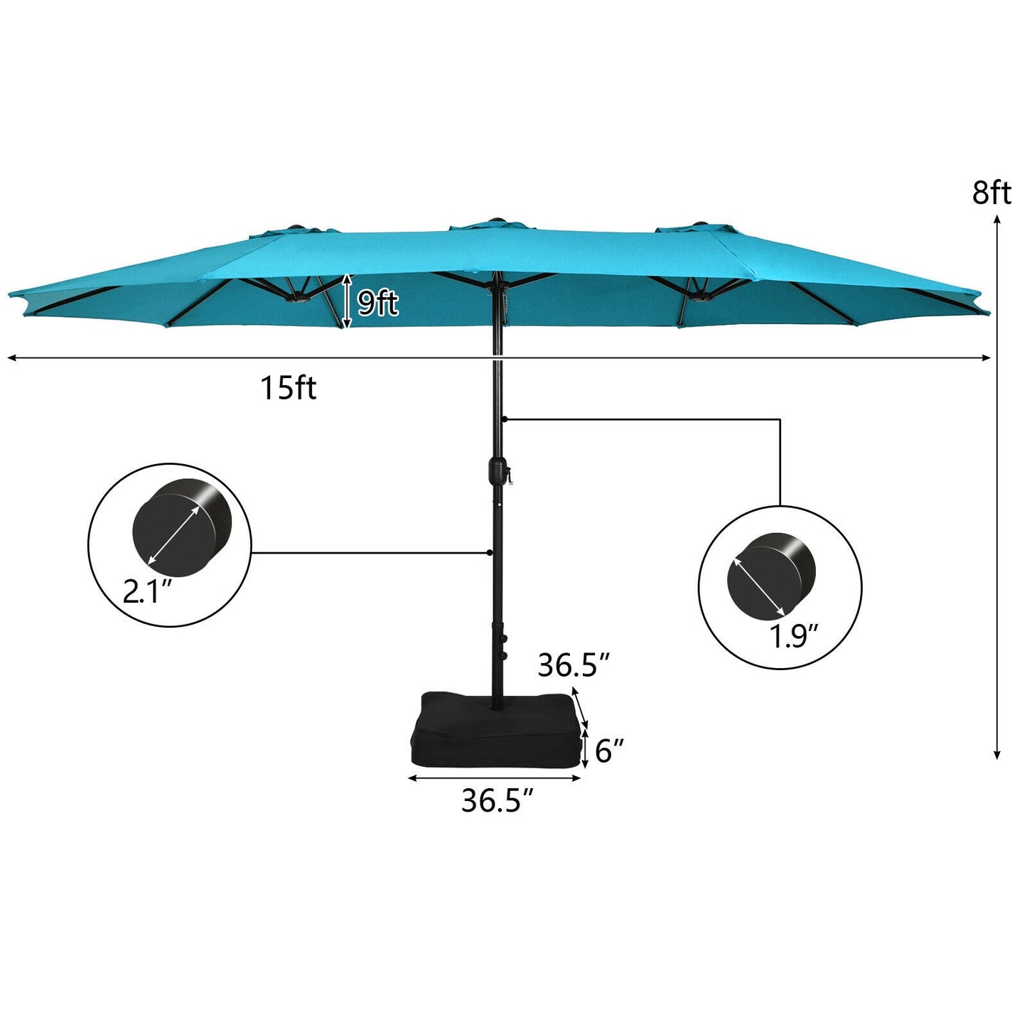 15 Feet Double-Sided Twin Patio Umbrella with Crank and Base Coffee in Outdoor Market-Turquoise Kids Crystal