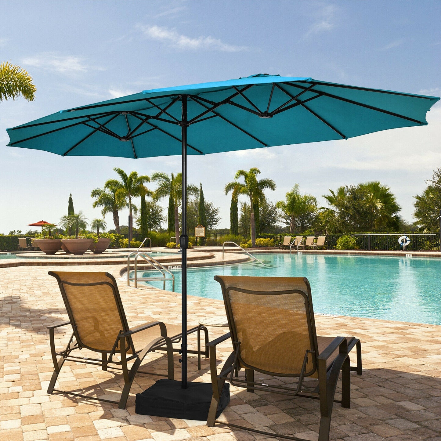 15 Feet Double-Sided Twin Patio Umbrella with Crank and Base Coffee in Outdoor Market-Turquoise Kids Crystal
