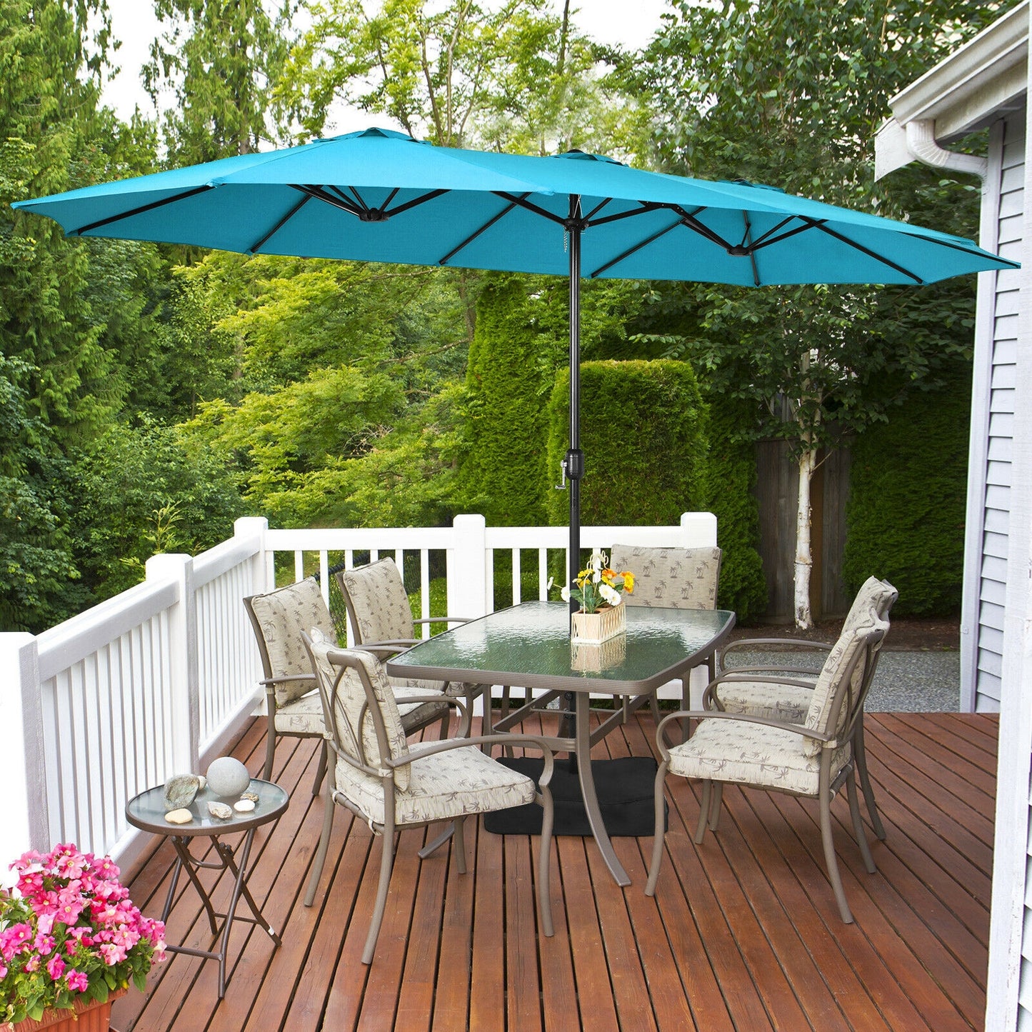 15 Feet Double-Sided Twin Patio Umbrella with Crank and Base Coffee in Outdoor Market-Turquoise Kids Crystal