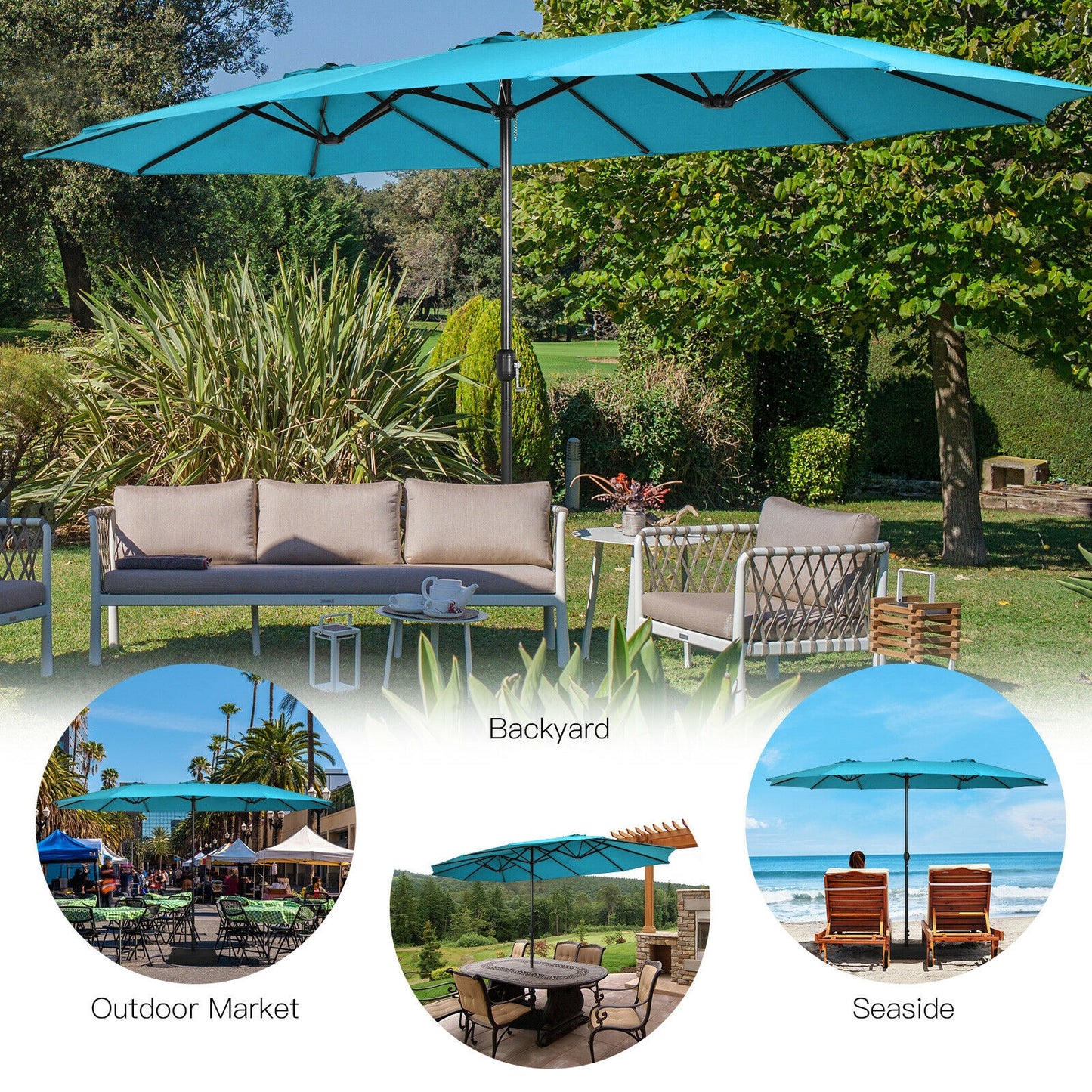 15 Feet Double-Sided Twin Patio Umbrella with Crank and Base Coffee in Outdoor Market-Turquoise Kids Crystal