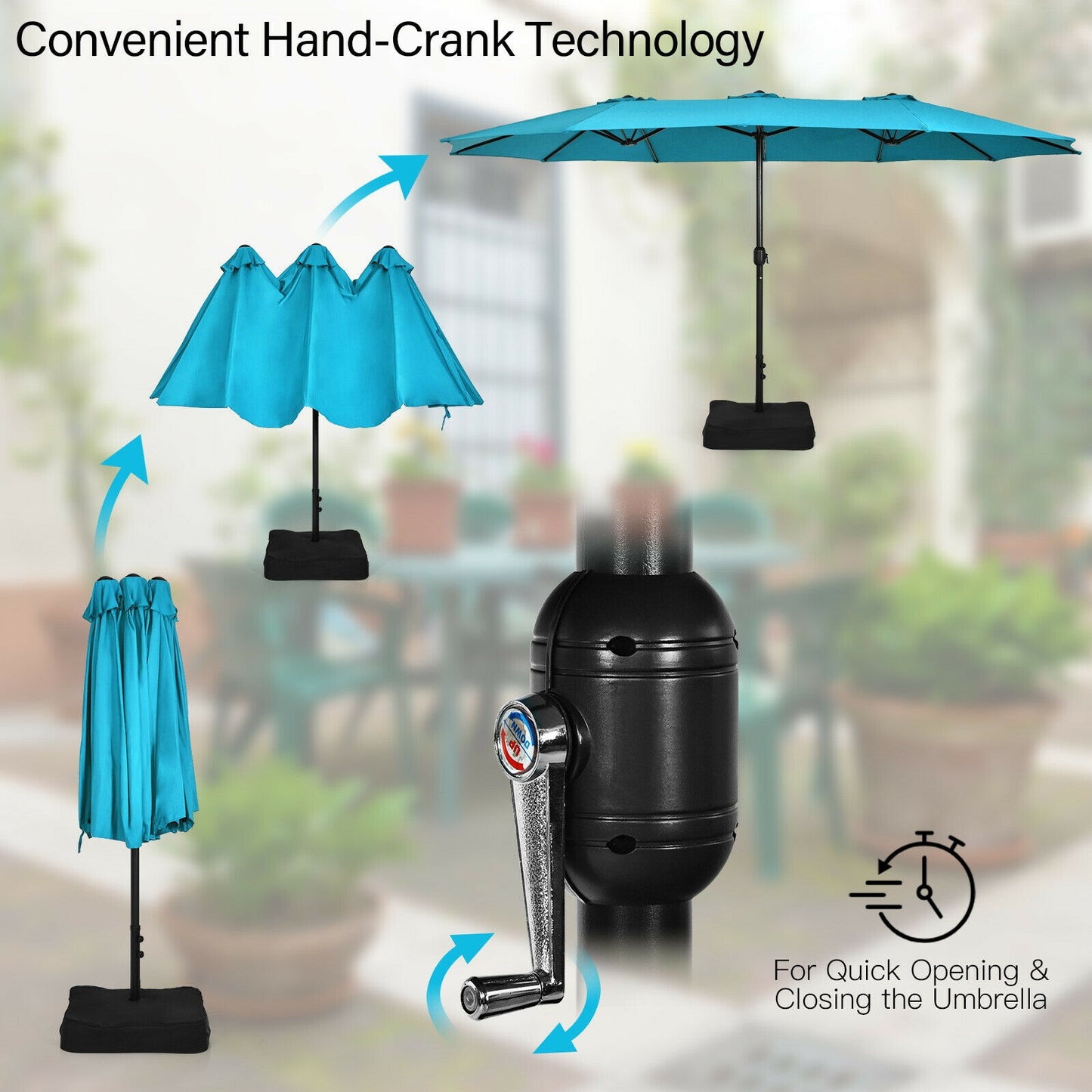 15 Feet Double-Sided Twin Patio Umbrella with Crank and Base Coffee in Outdoor Market-Turquoise Kids Crystal