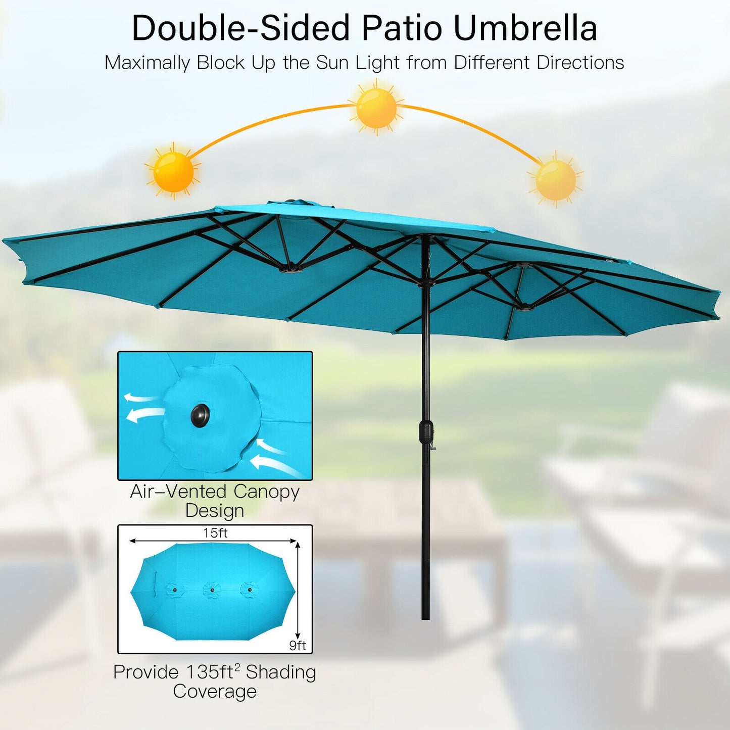 15 Feet Double-Sided Twin Patio Umbrella with Crank and Base Coffee in Outdoor Market-Turquoise Kids Crystal