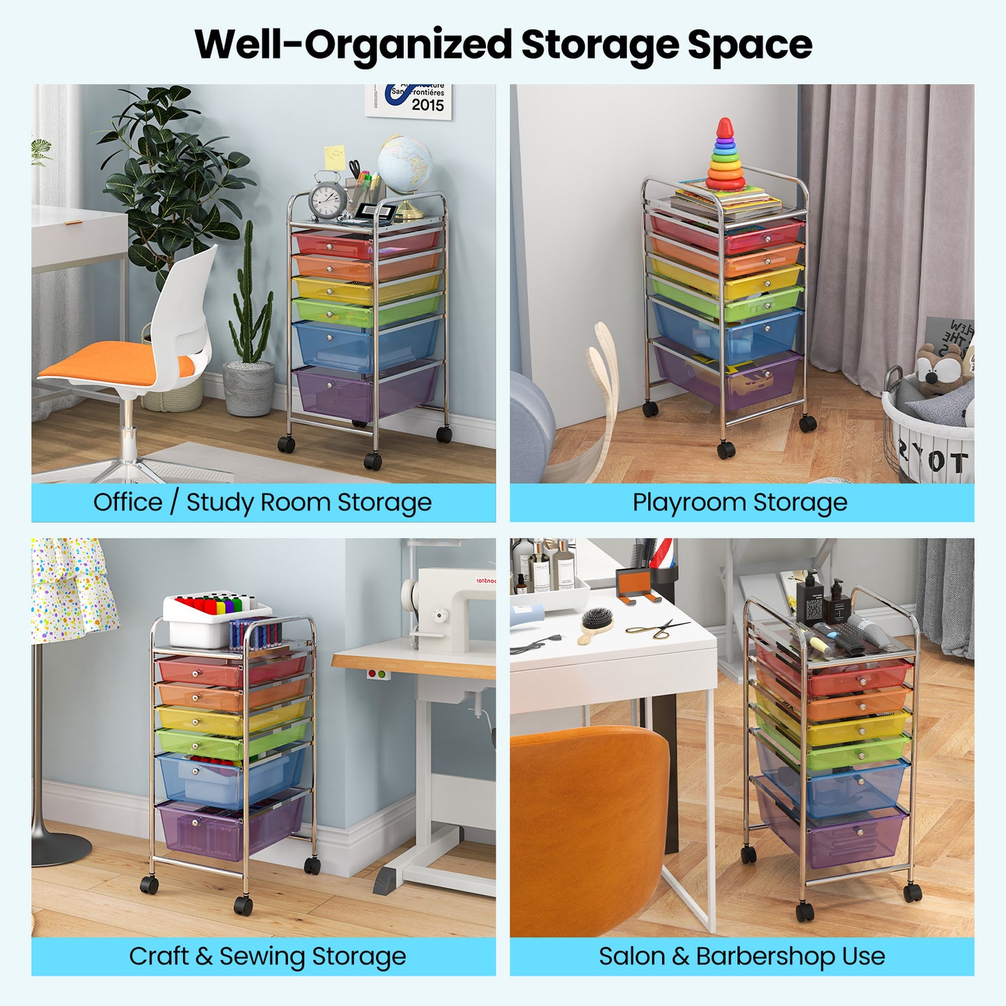 6 Drawers Rolling Storage Cart Organizer-Transparent Multicolor Kids Crystal