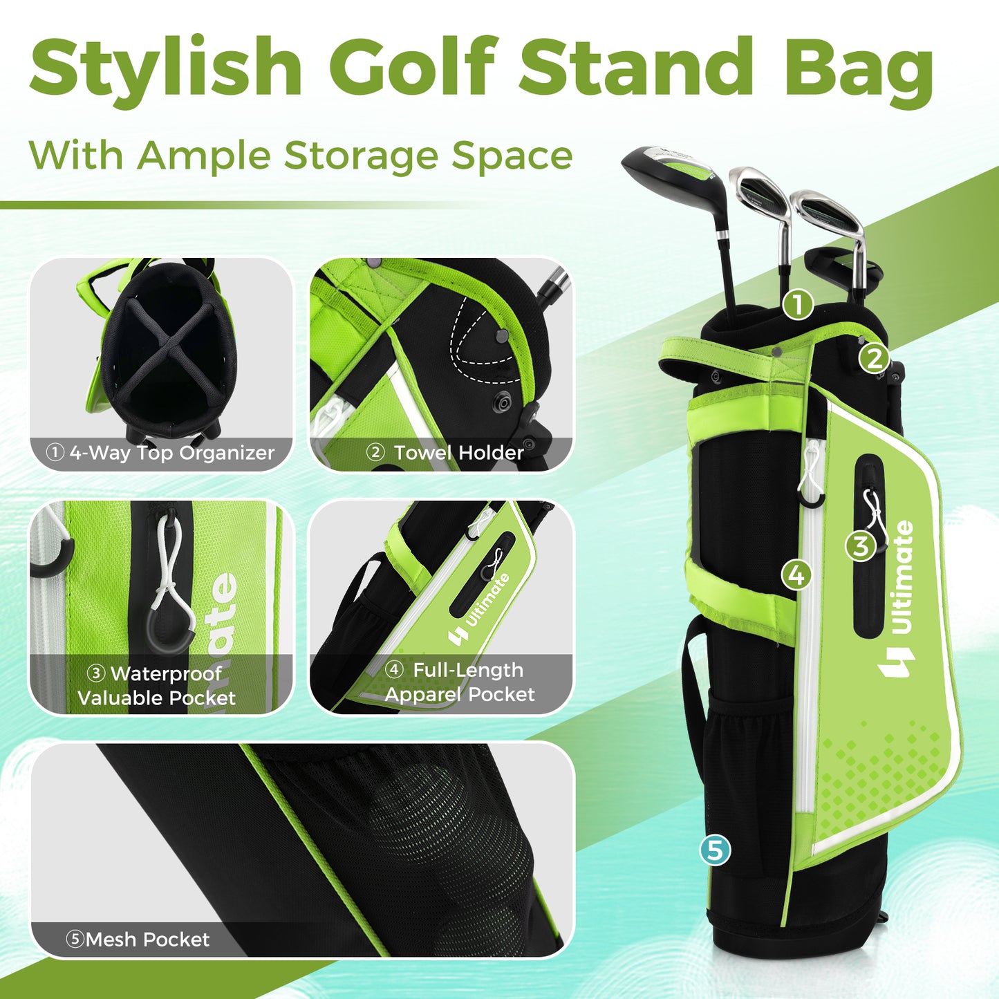 Junior Complete Golf Club Set Right Hand with Rain Hood for Kids-Green Kids Crystal
