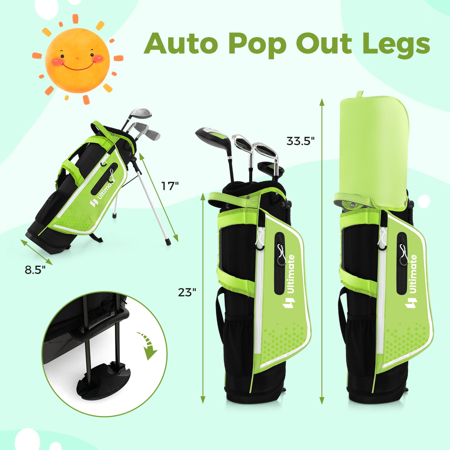 Junior Complete Golf Club Set Right Hand with Rain Hood for Kids-Green Kids Crystal
