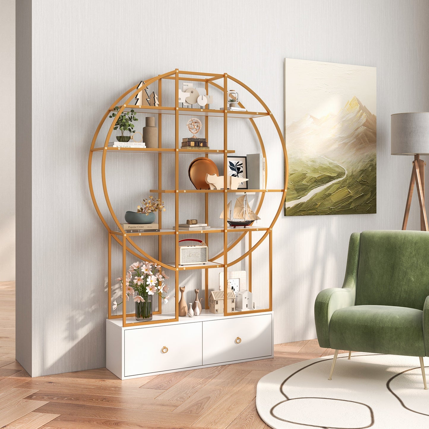 71 Inches 6-Tier Gold Bookshelf with 2 Storage Drawers-Golden Kids Crystal