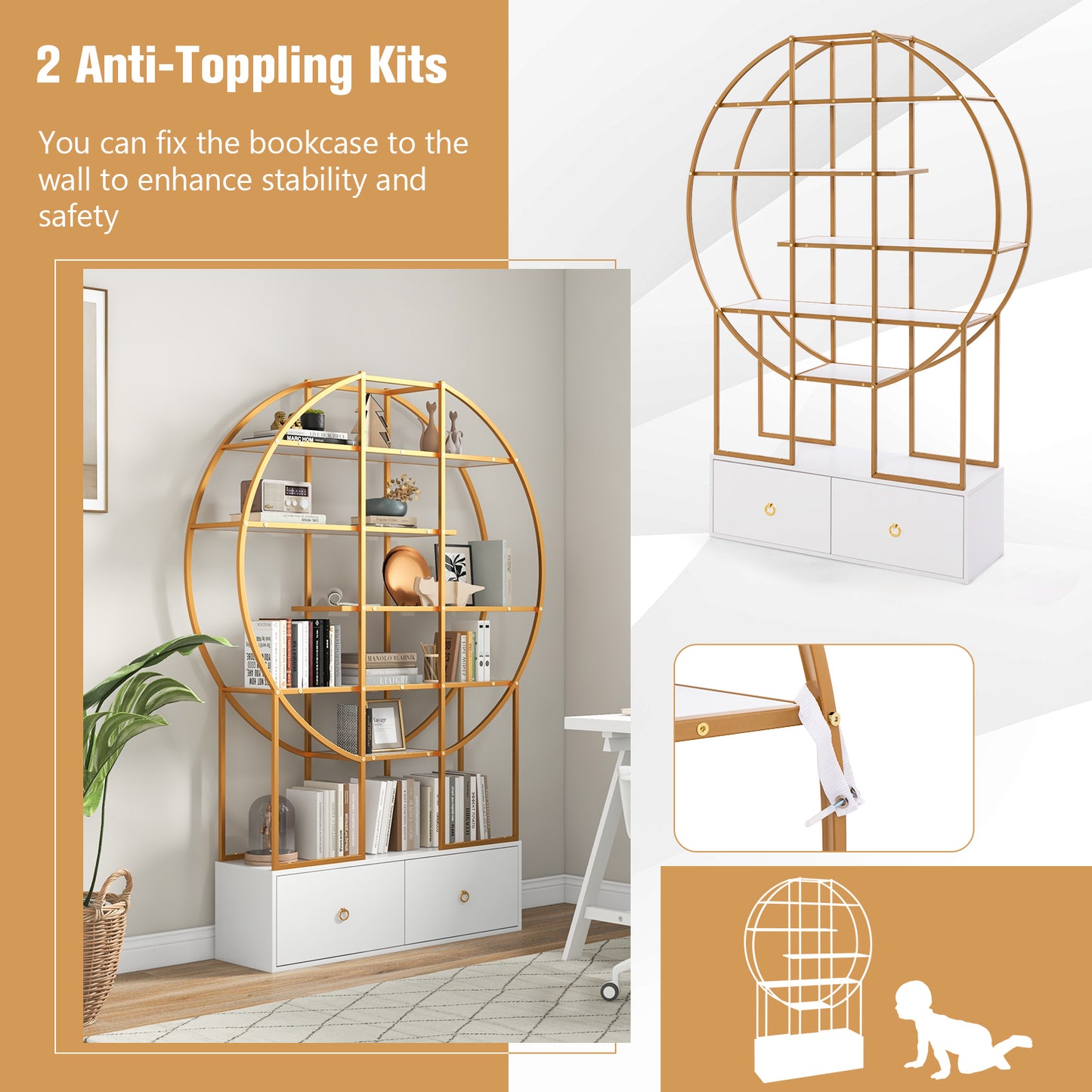 71 Inches 6-Tier Gold Bookshelf with 2 Storage Drawers-Golden Kids Crystal