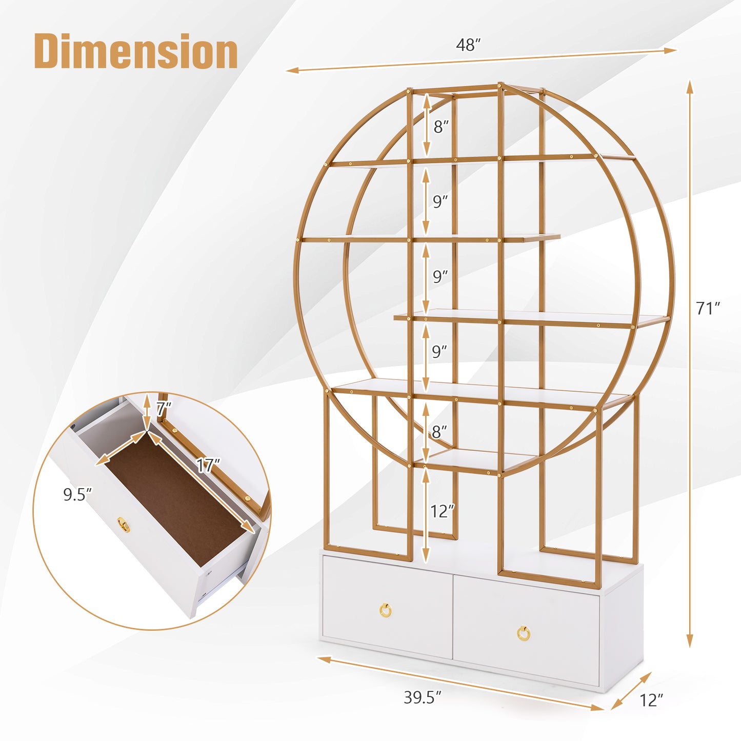 71 Inches 6-Tier Gold Bookshelf with 2 Storage Drawers-Golden Kids Crystal