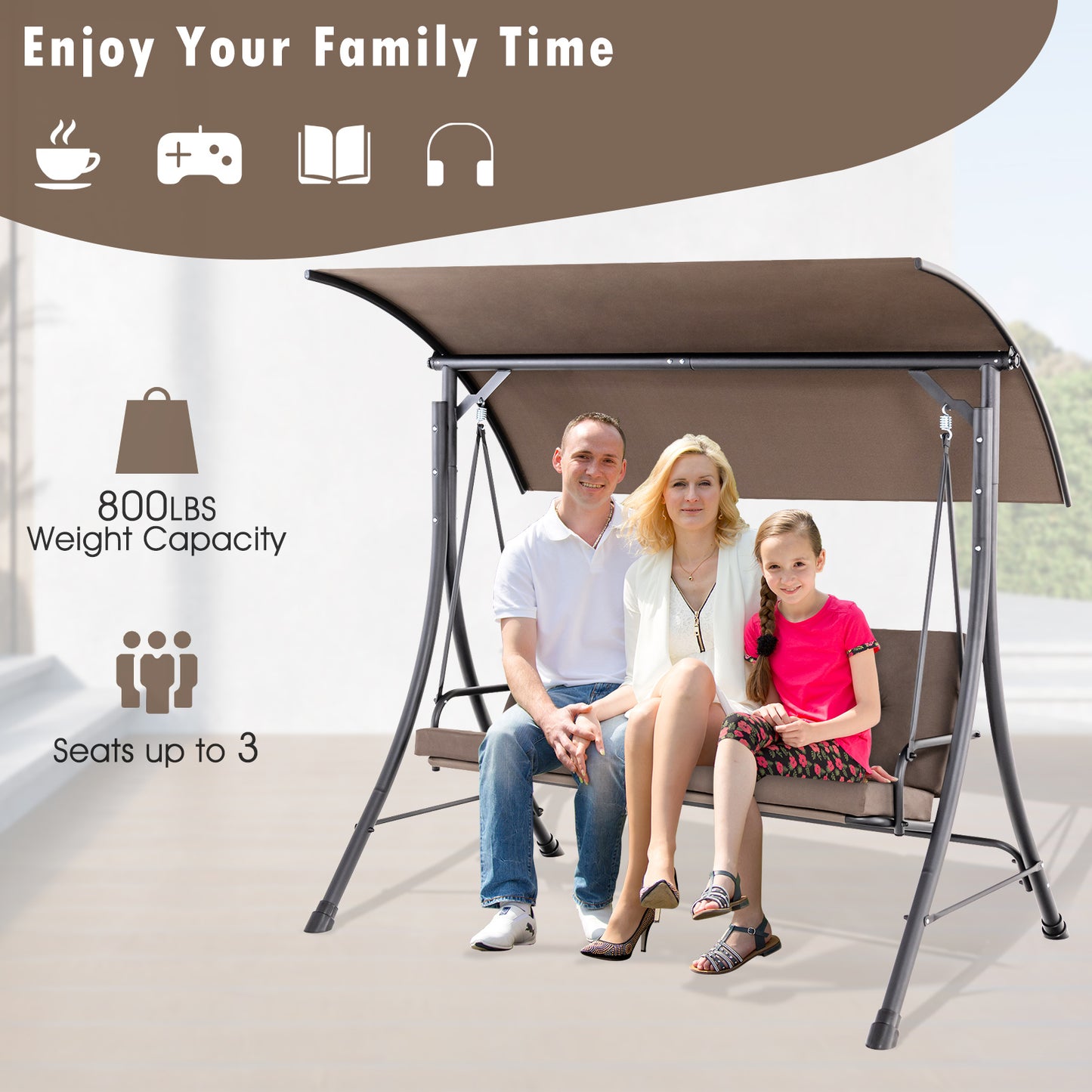 3-Seat Outdoor Porch Swing with Adjustable Canopy and Padded Cushions-Brown Kids Crystal