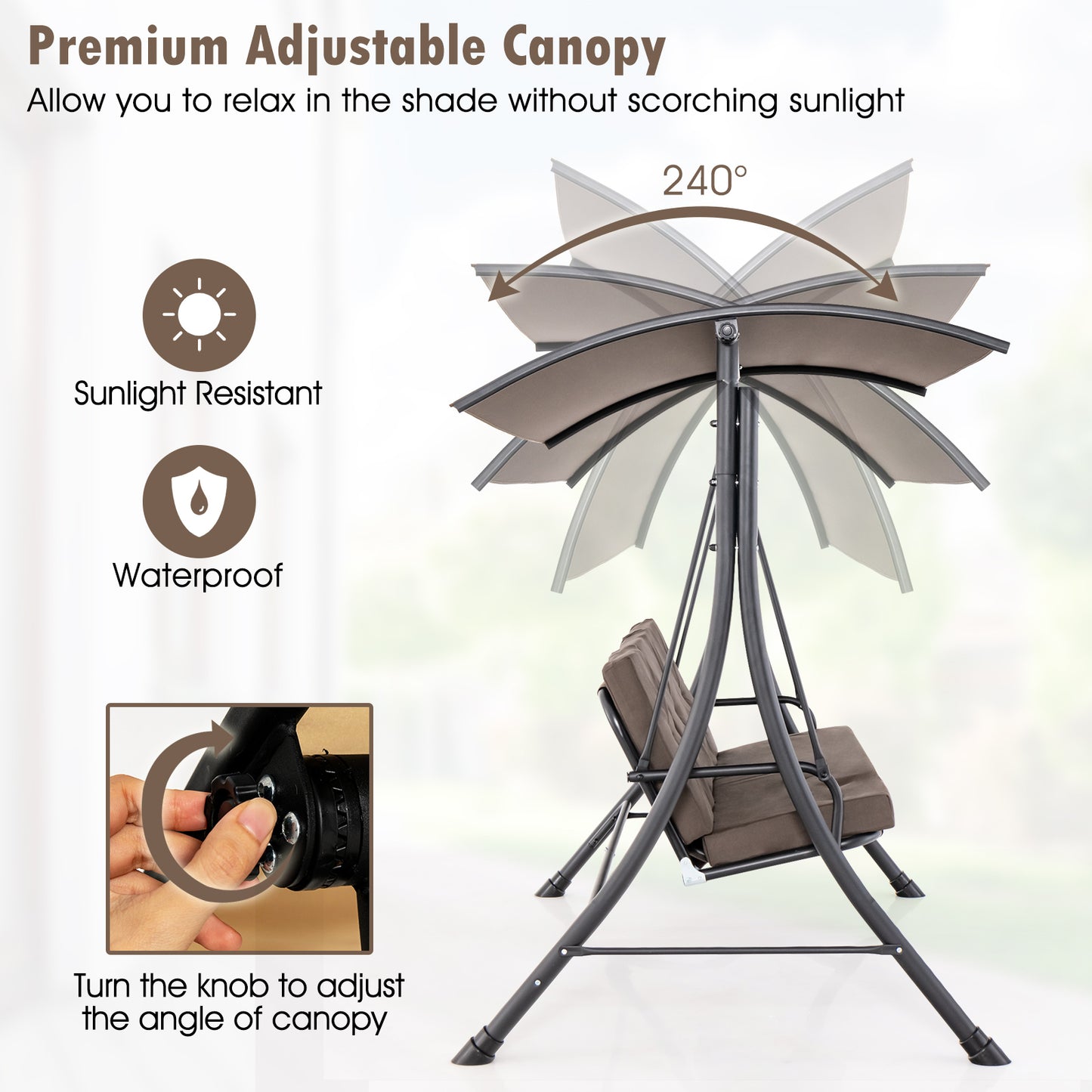 3-Seat Outdoor Porch Swing with Adjustable Canopy and Padded Cushions-Brown Kids Crystal