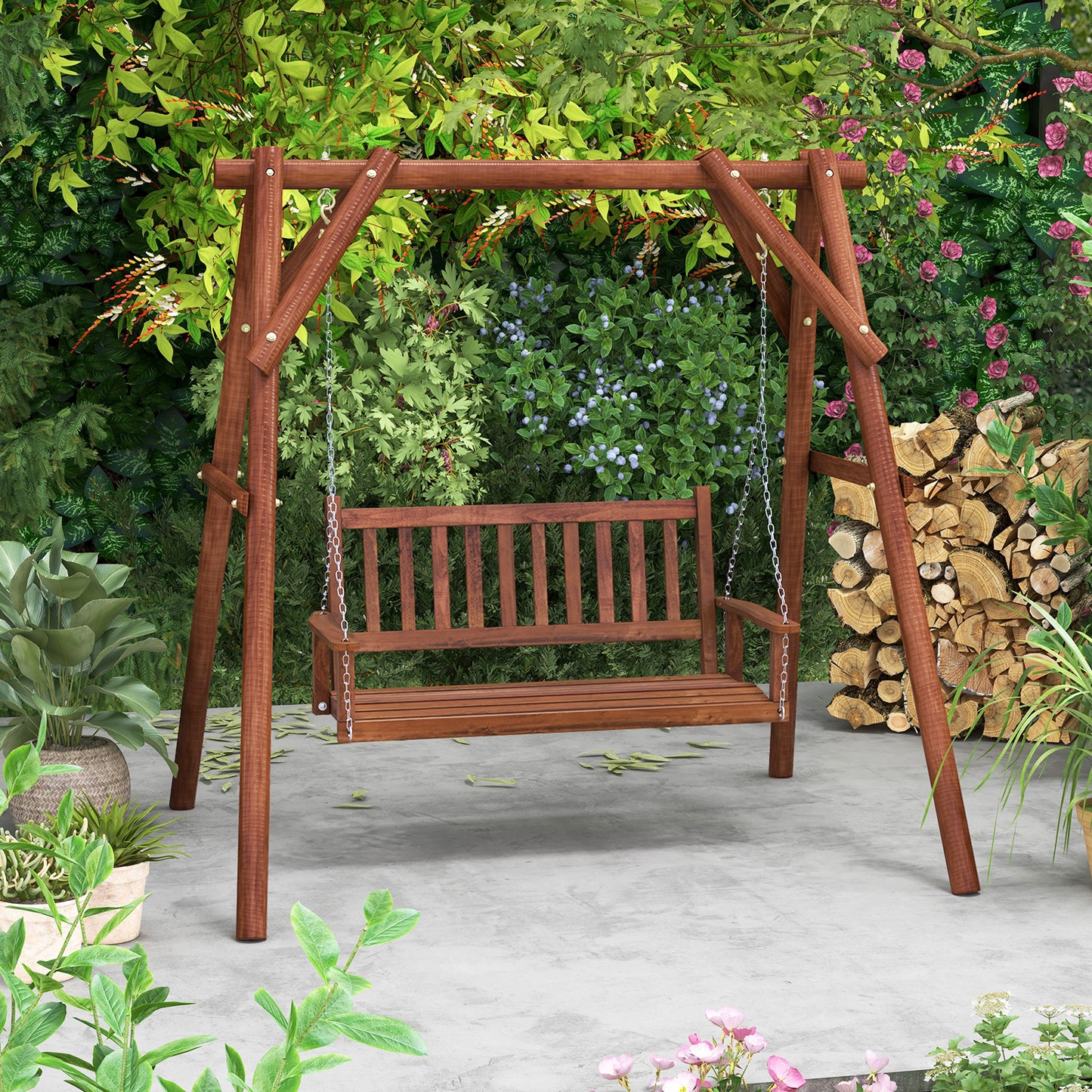 2-Person Wooden Outdoor Porch Swing with 500 lbs Weight Capacity-Brown Kids Crystal