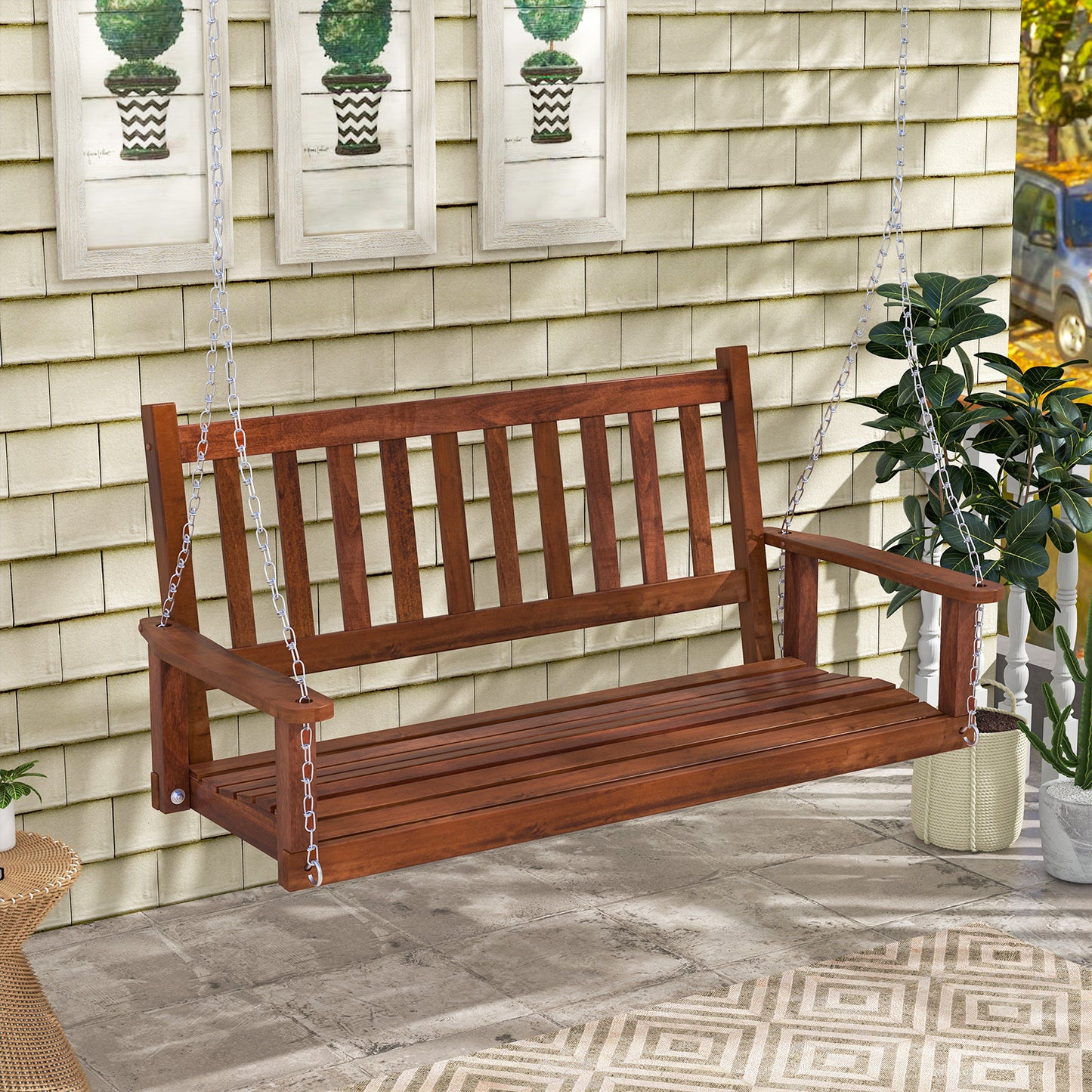 2-Person Wooden Outdoor Porch Swing with 500 lbs Weight Capacity-Brown Kids Crystal
