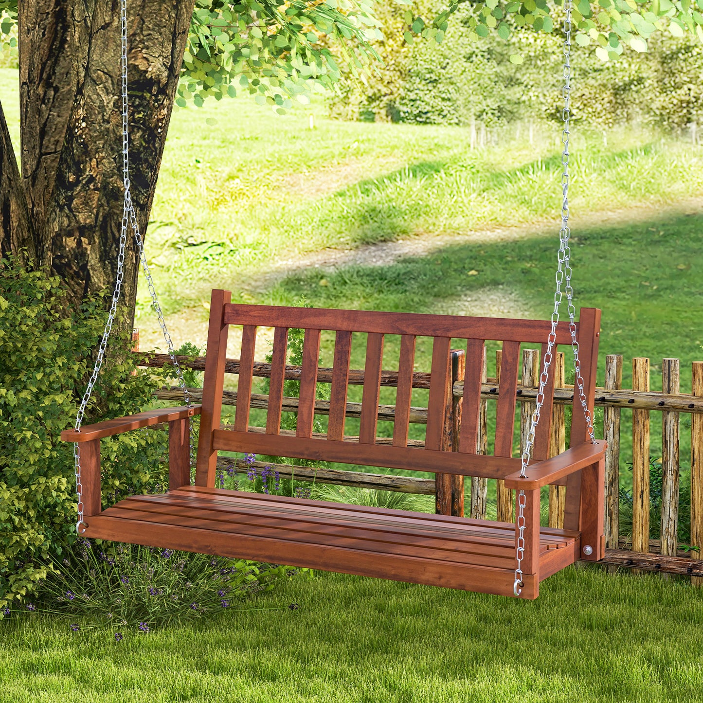 2-Person Wooden Outdoor Porch Swing with 500 lbs Weight Capacity-Brown Kids Crystal