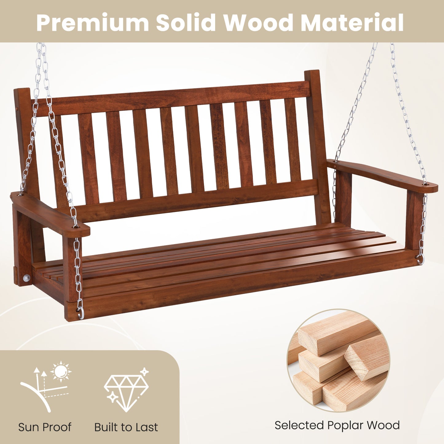 2-Person Wooden Outdoor Porch Swing with 500 lbs Weight Capacity-Brown Kids Crystal