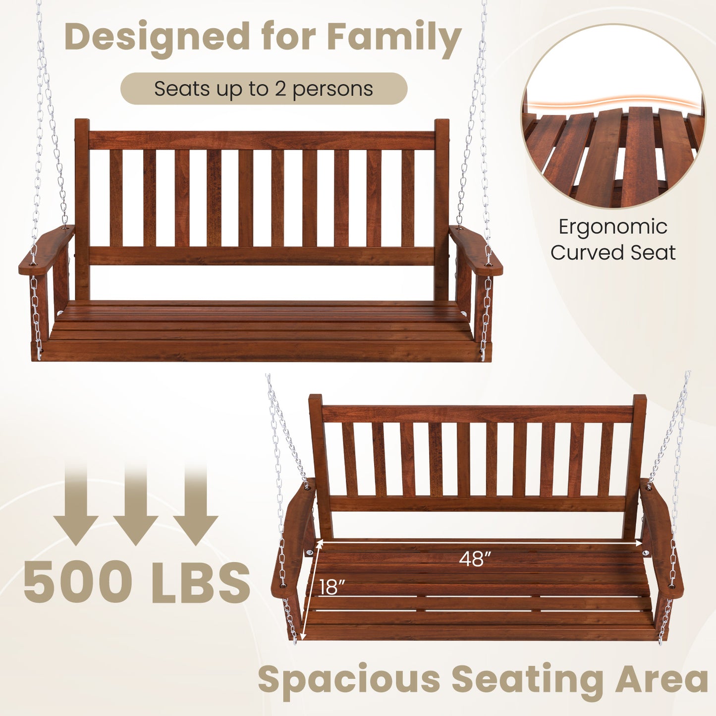 2-Person Wooden Outdoor Porch Swing with 500 lbs Weight Capacity-Brown Kids Crystal