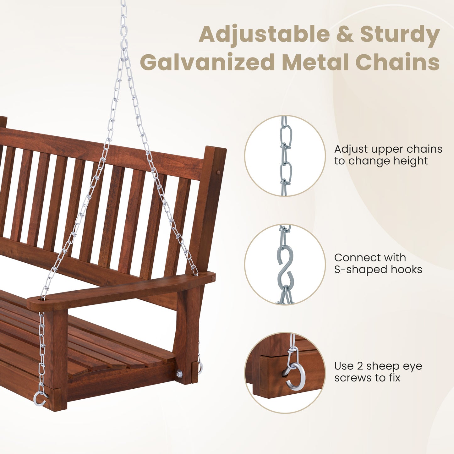 2-Person Wooden Outdoor Porch Swing with 500 lbs Weight Capacity-Brown Kids Crystal