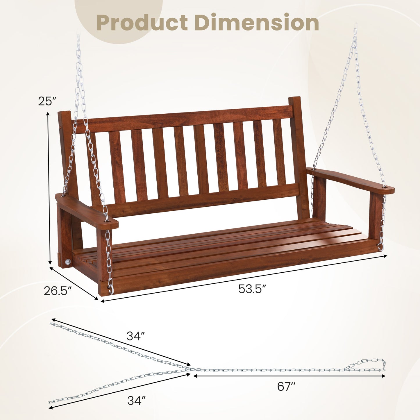 2-Person Wooden Outdoor Porch Swing with 500 lbs Weight Capacity-Brown Kids Crystal