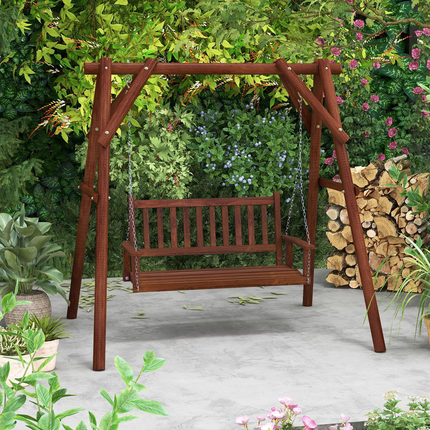 3-Person Wooden Outdoor Porch Swing with 800 lbs Weight Capacity-Brown Kids Crystal