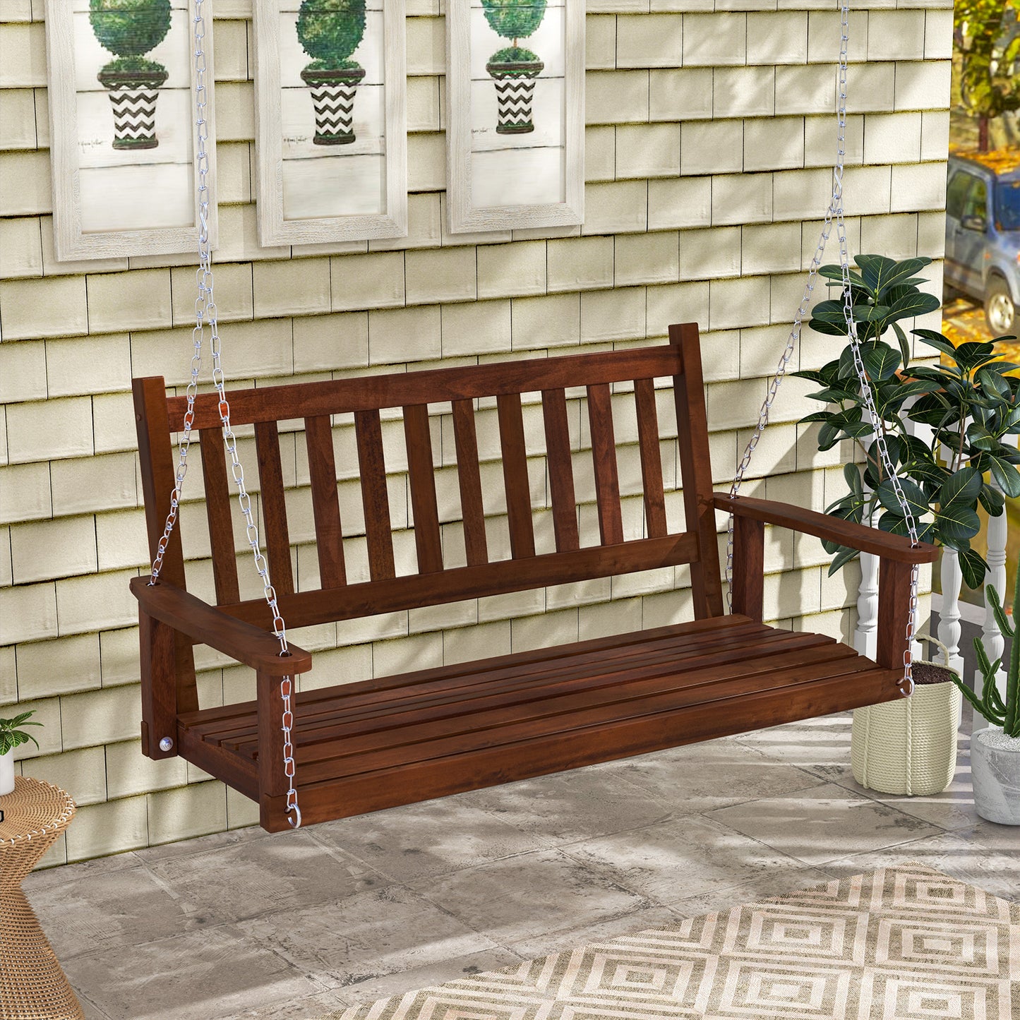 3-Person Wooden Outdoor Porch Swing with 800 lbs Weight Capacity-Brown Kids Crystal