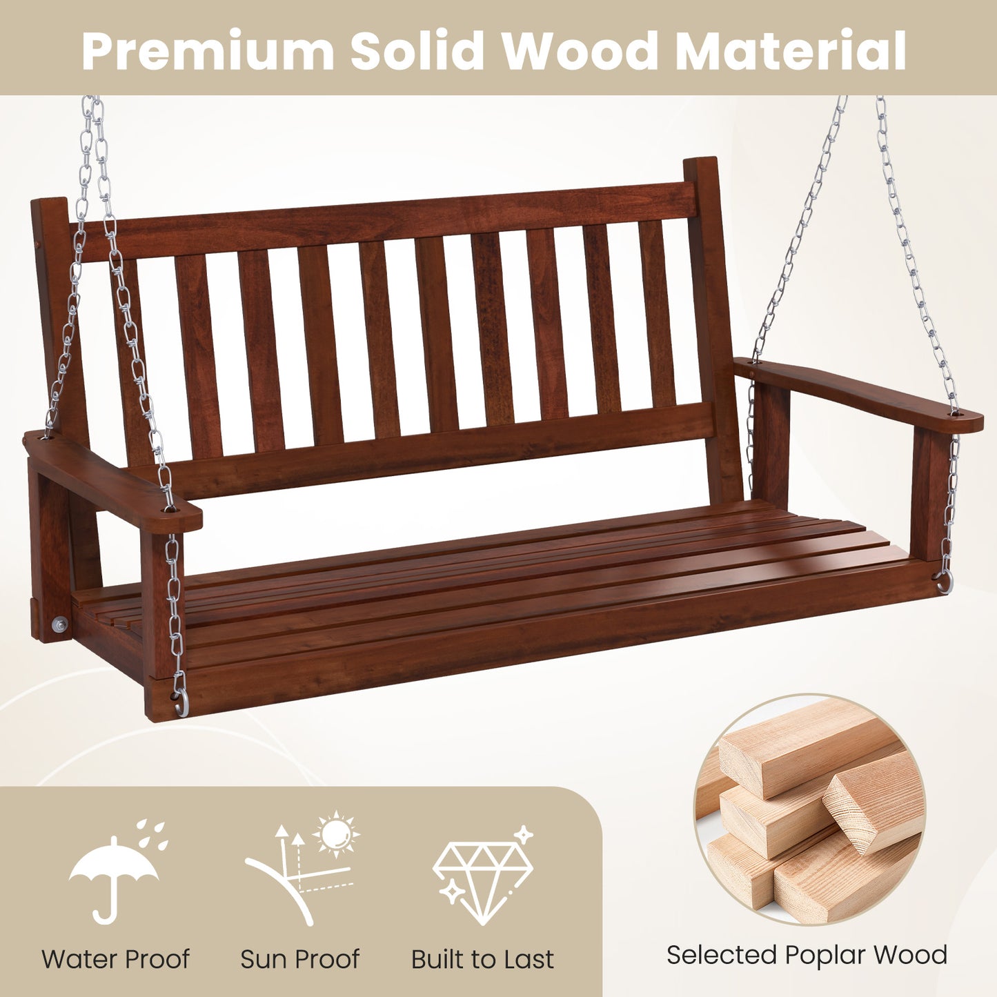 3-Person Wooden Outdoor Porch Swing with 800 lbs Weight Capacity-Brown Kids Crystal