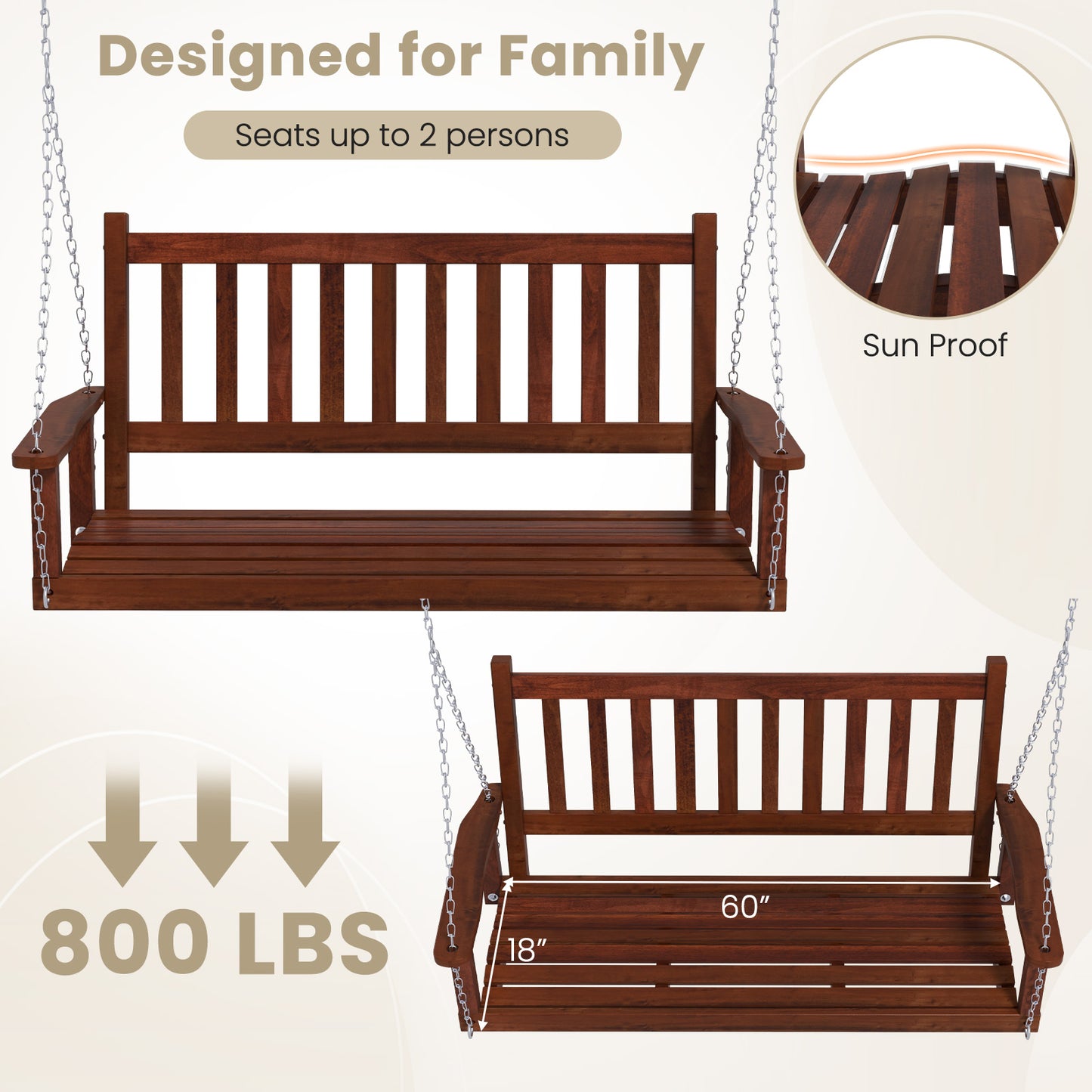 3-Person Wooden Outdoor Porch Swing with 800 lbs Weight Capacity-Brown Kids Crystal