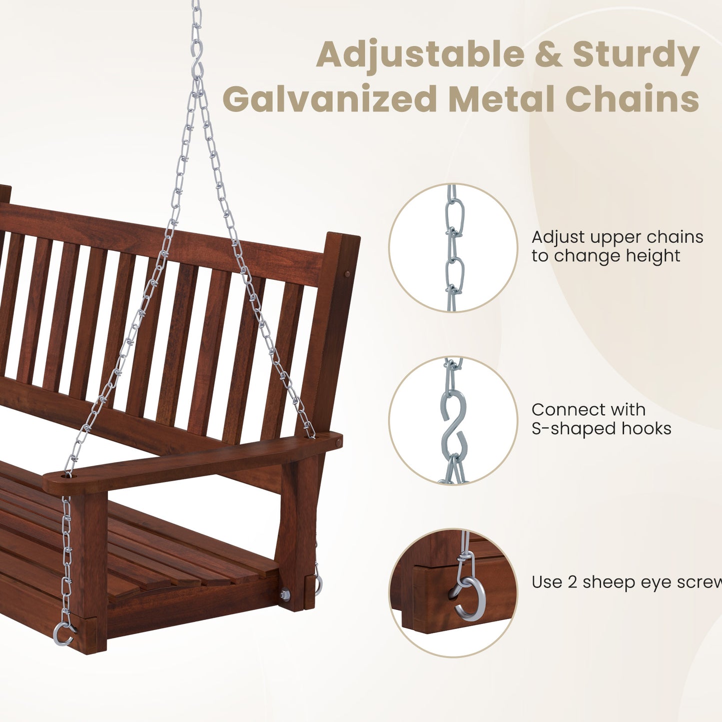 3-Person Wooden Outdoor Porch Swing with 800 lbs Weight Capacity-Brown Kids Crystal