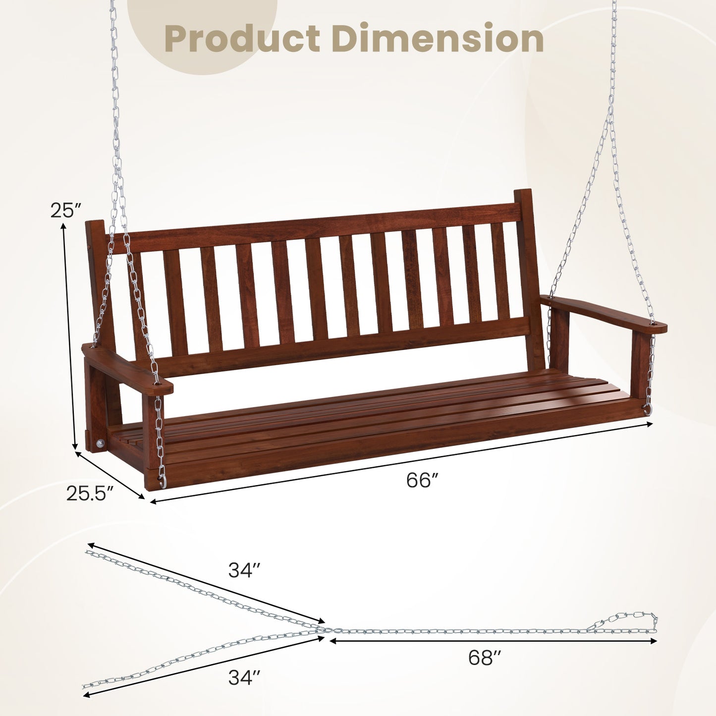 3-Person Wooden Outdoor Porch Swing with 800 lbs Weight Capacity-Brown Kids Crystal