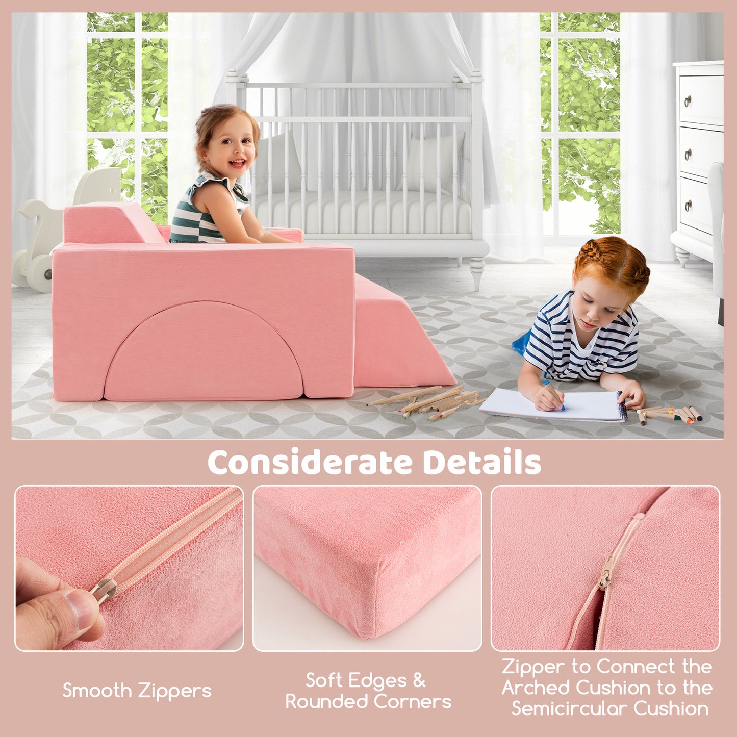8 Pieces Kids Modular Play Sofa with Detachable Cover for Playroom and Bedroom-Pink Kids Crystal