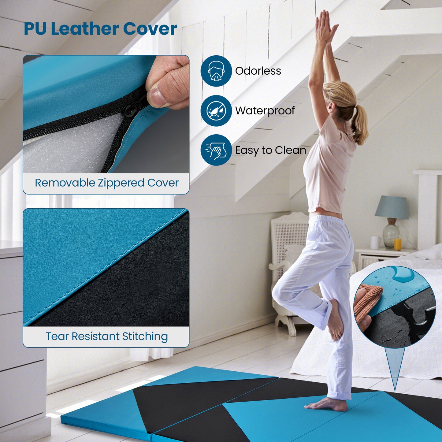 4-Panel PU Leather Folding Exercise Gym Mat with Hook and Loop Fasteners-Black & Turquoise Kids Crystal