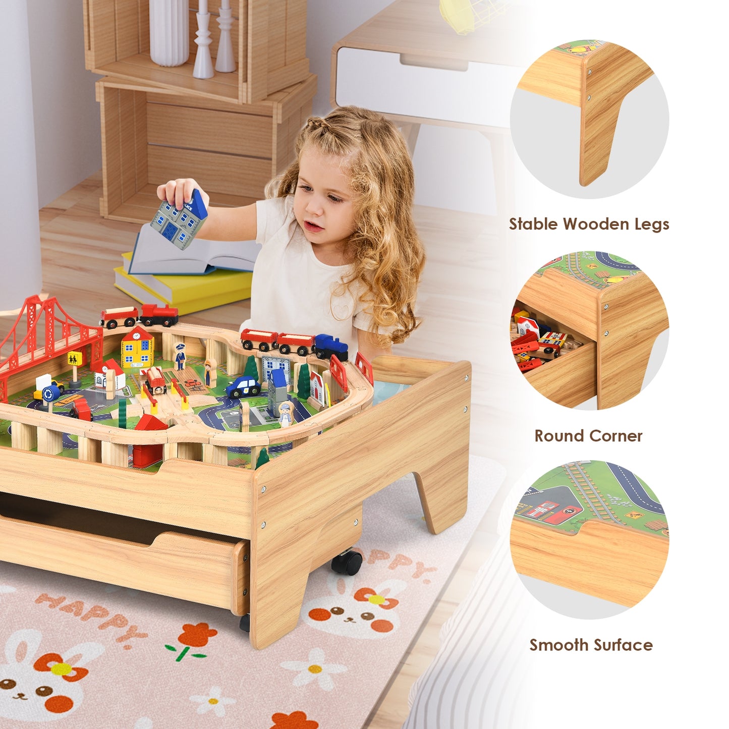 Children's Wooden Railway Set Table with 100 Pieces Storage Drawers Kids Crystal
