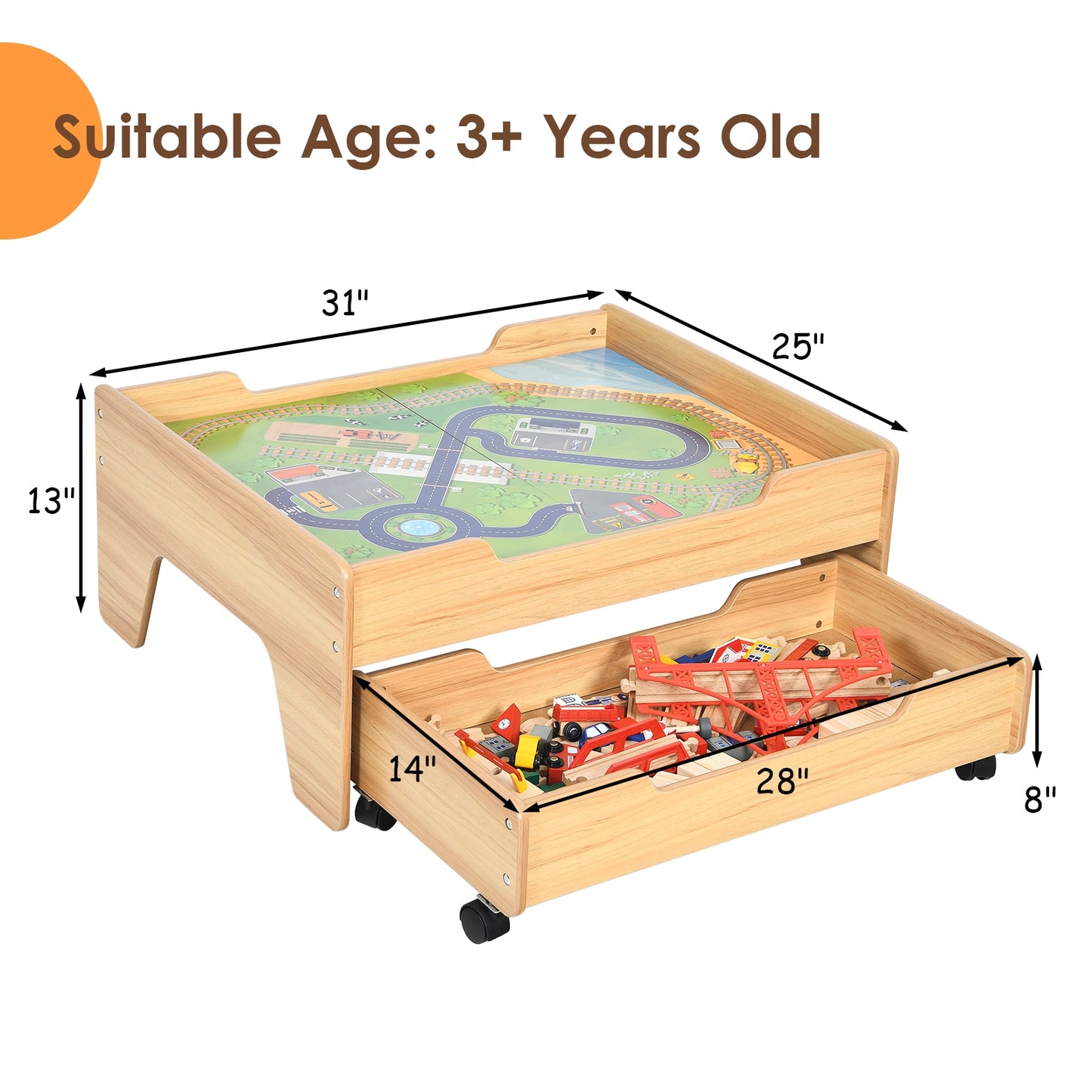 Children's Wooden Railway Set Table with 100 Pieces Storage Drawers Kids Crystal