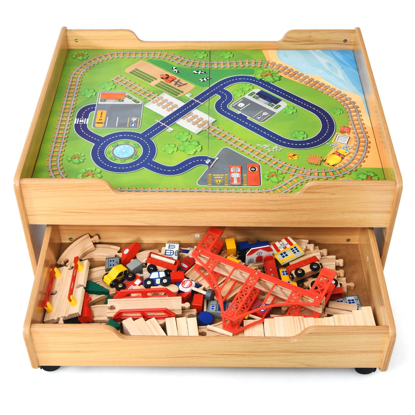 Children's Wooden Railway Set Table with 100 Pieces Storage Drawers Kids Crystal