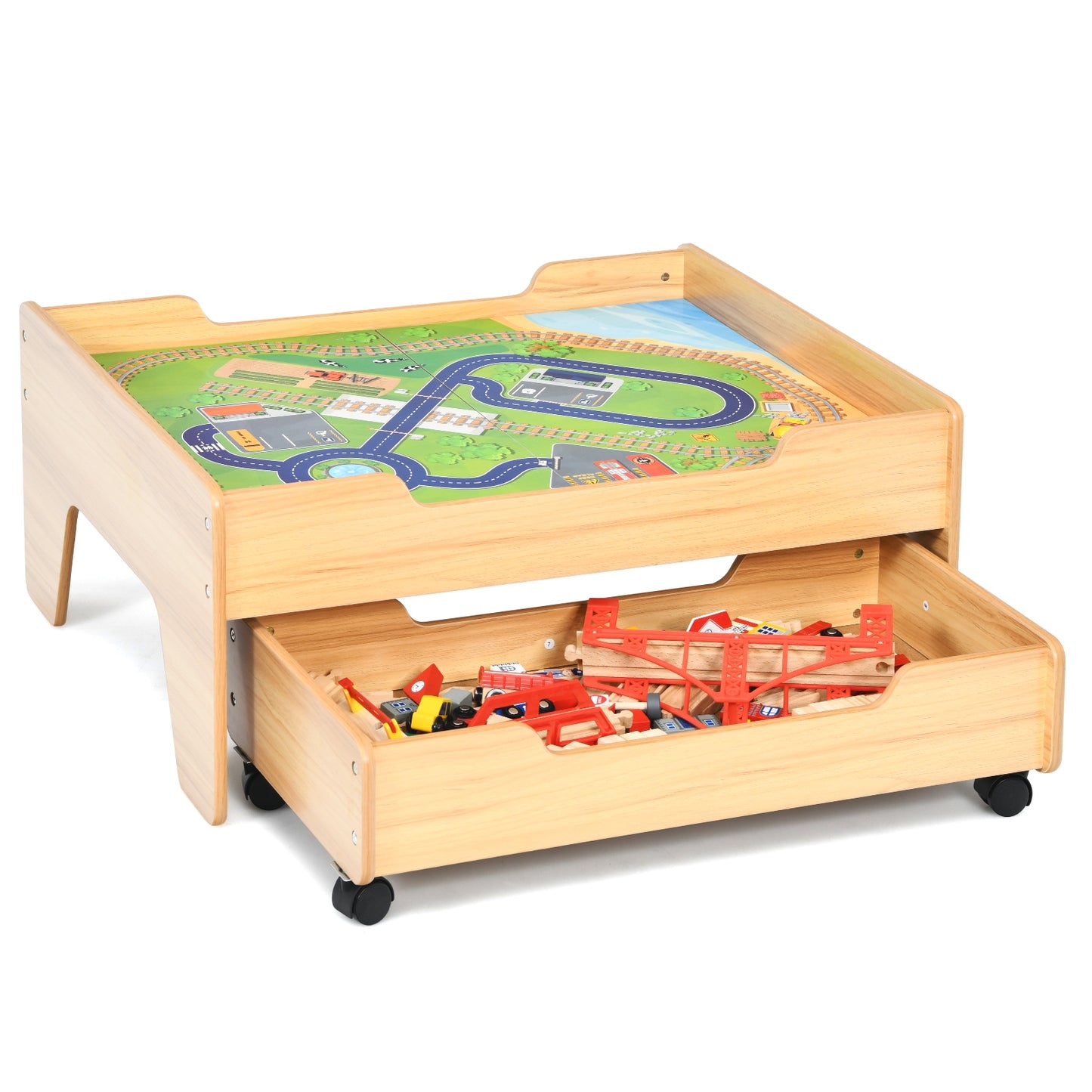 Children's Wooden Railway Set Table with 100 Pieces Storage Drawers Kids Crystal
