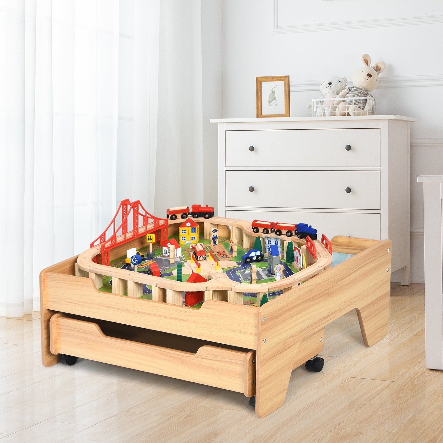 Children's Wooden Railway Set Table with 100 Pieces Storage Drawers Kids Crystal